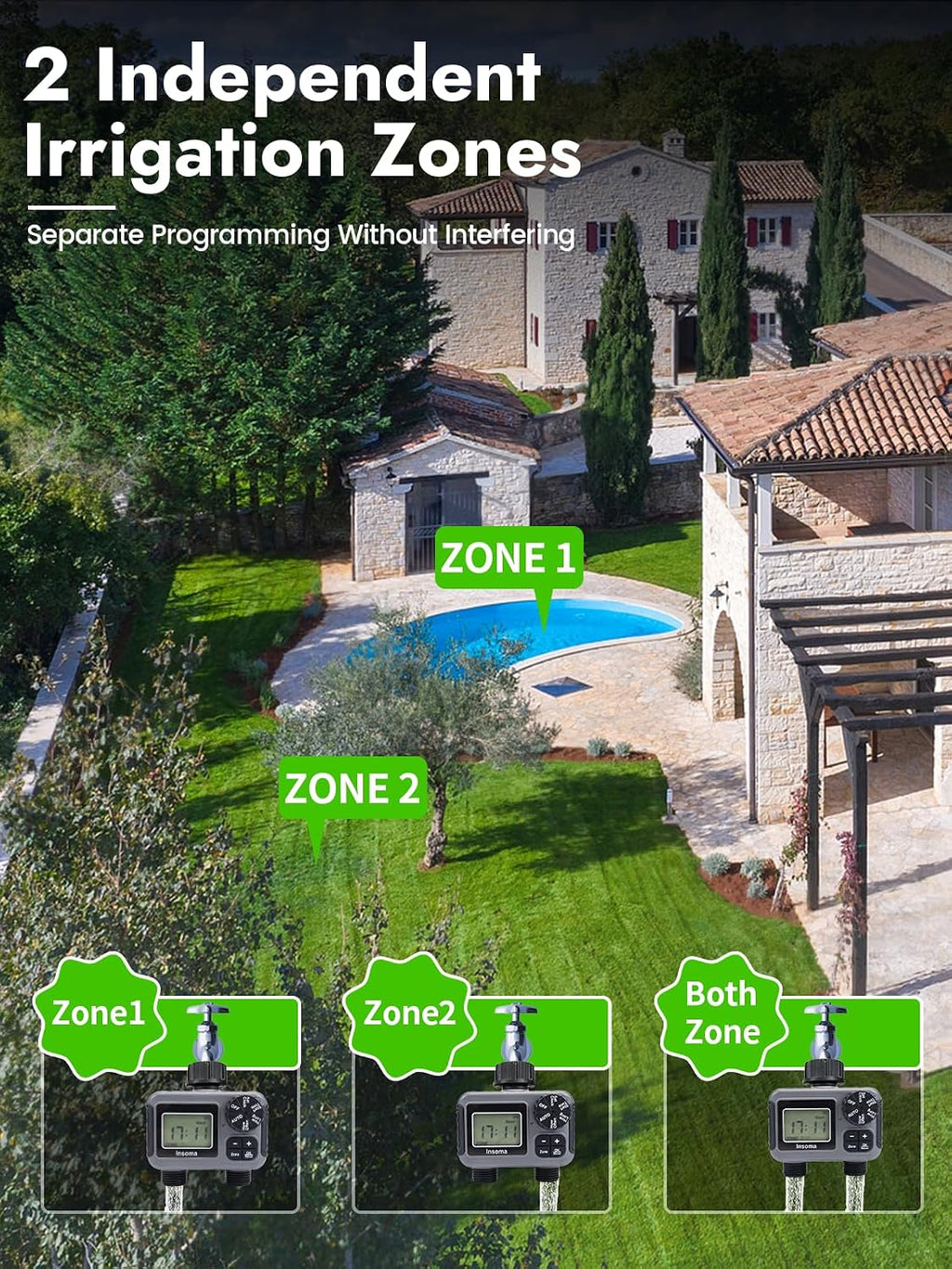 Insoma 2-Zone Sprinkler Timer, Programmable Garden Hose Timer with Auto/Manual/Rain Delay Modes | Water-Saving