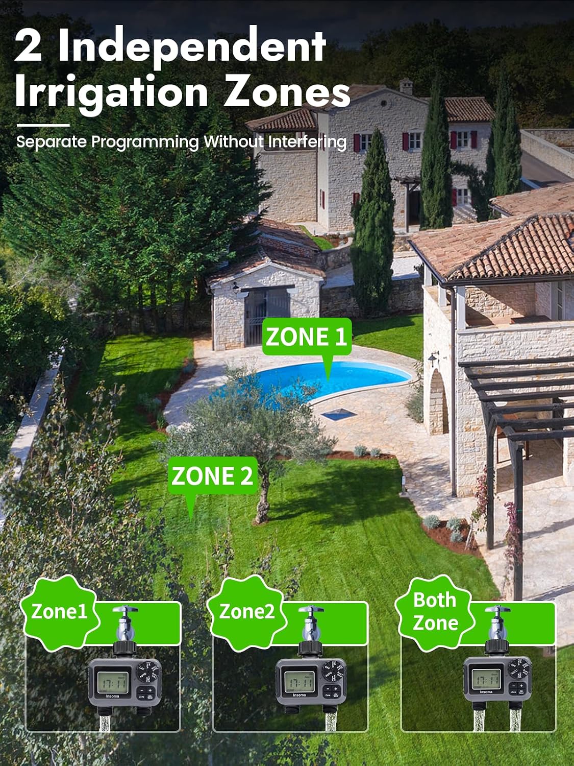Insoma 2-Zone Sprinkler Timer, Programmable Garden Hose Timer with Auto/Manual/Rain Delay Modes | Water-Saving