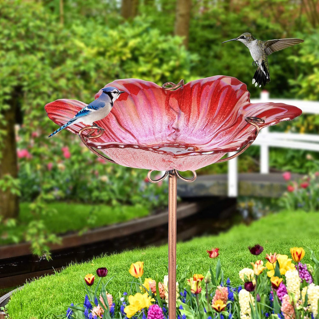 26" Glass Bird Bath, Outdoor Birdbath Bird Feeder Red Flower Metal Stake | Bird Bath for Outside with Stable Metal