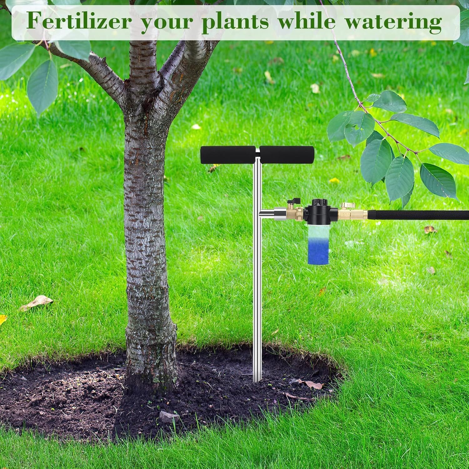 Caulimo Deep Root Watering Tool for Trees, Tree Watering Spike with Fertilizer Bottle, Stainless Steel Root Feeder for