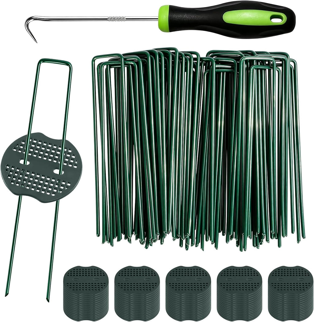 6 Inch 100 Pcs Galvanized Landscape Staples 100 Pcs Gaskets Pick Hook Garden Stakes 11 Gauge Anti-Rust Landscaping