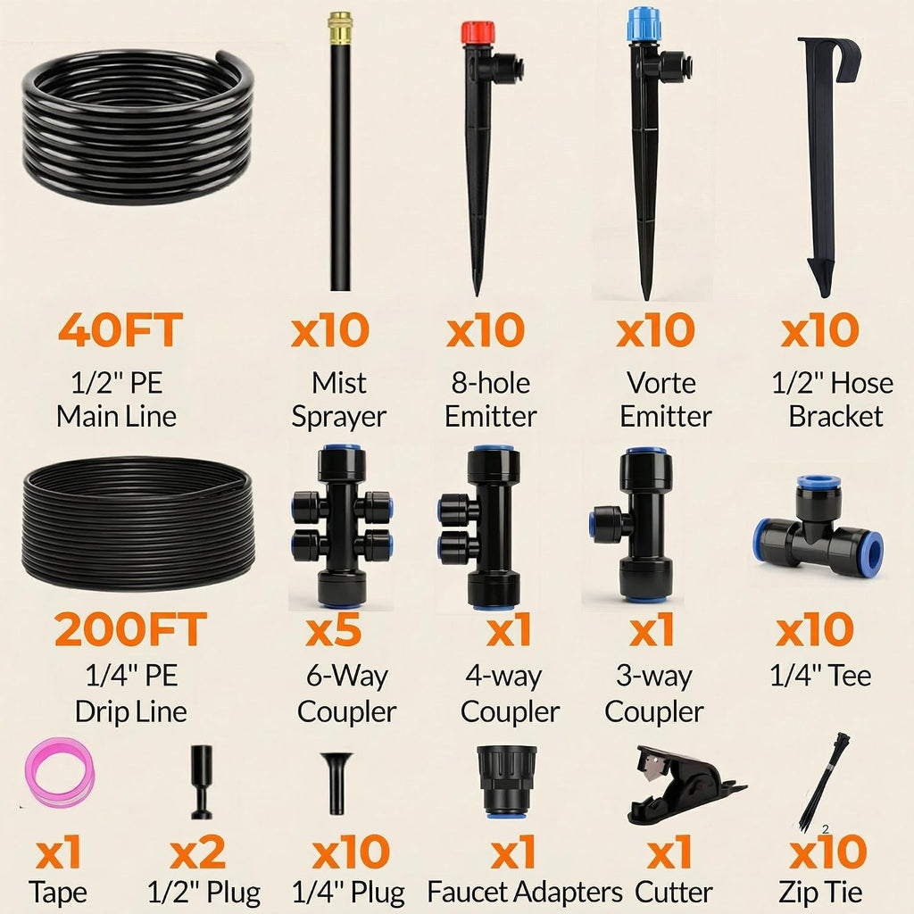 240FT Drip Irrigation System for Garden: 30 Nozzles 1/2" PE Tubing Automatic Watering Kit Adjustable Misting Sprinkler