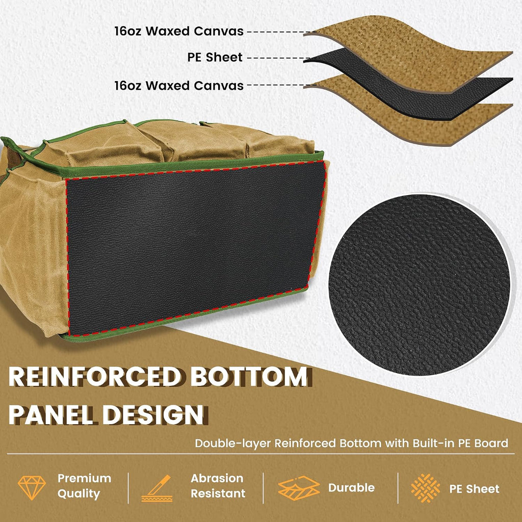 Canvas Tool Bag, 16OZ Waxed Canvas Tool Tote Bag with Metal Zipper & 12-Pocket Design, Multi-Purpose Garden Tool
