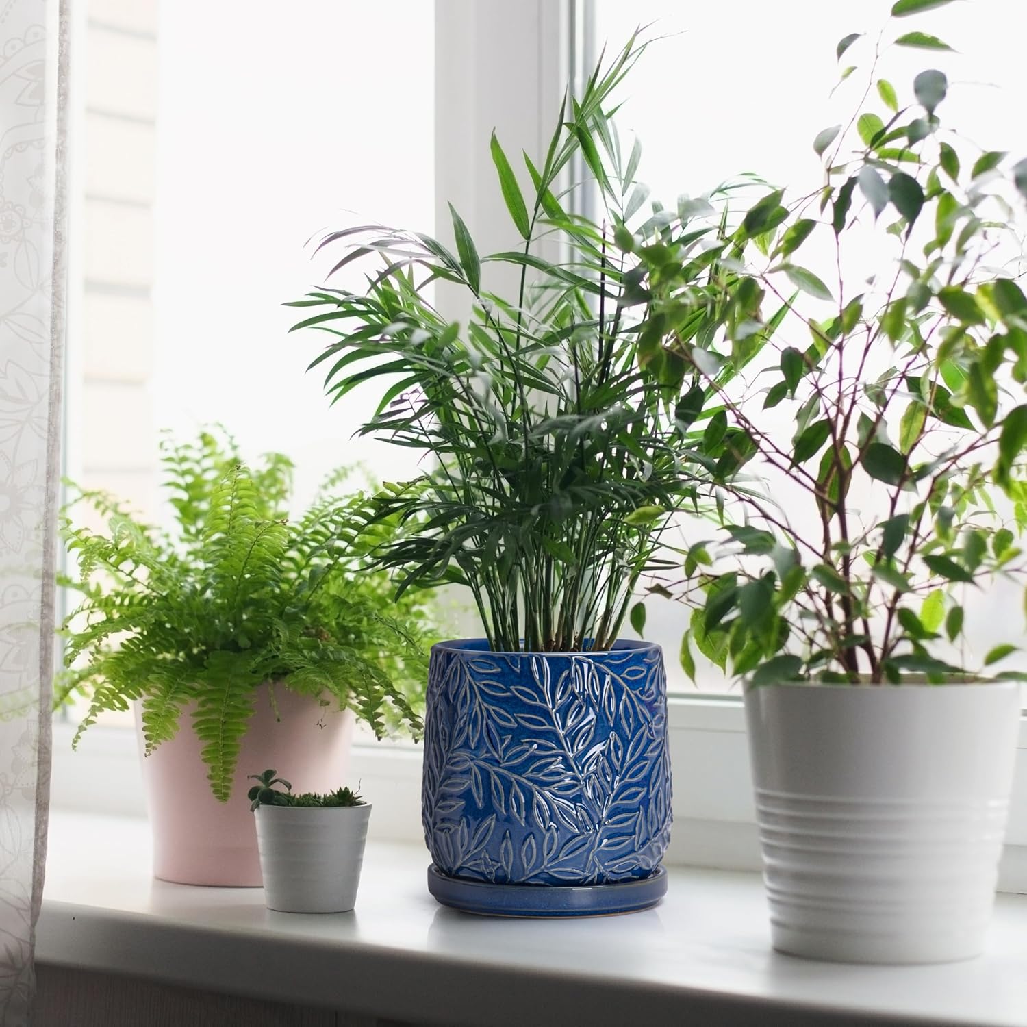D'vine Dev Embossed Leaves Ceramic Planter, 6 in, Midnight Blue, 27-A-X-3 | Nature-Inspired Leaf Pattern, Handcrafted