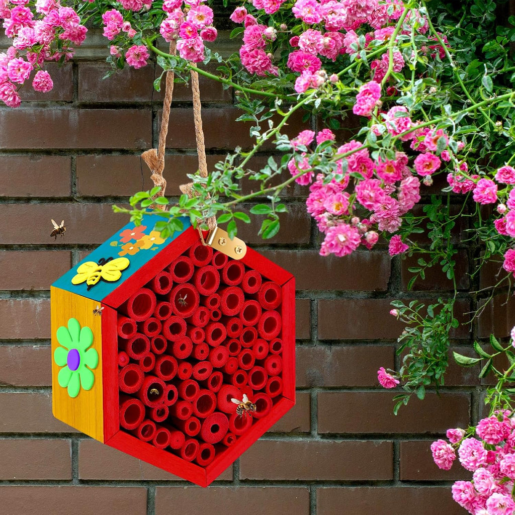 Leinuosen 6 Pcs Mason Bee House for the Garden with DIY Painting Kits and 6 Felt Bee 12 Felt Flower Natural Handmade