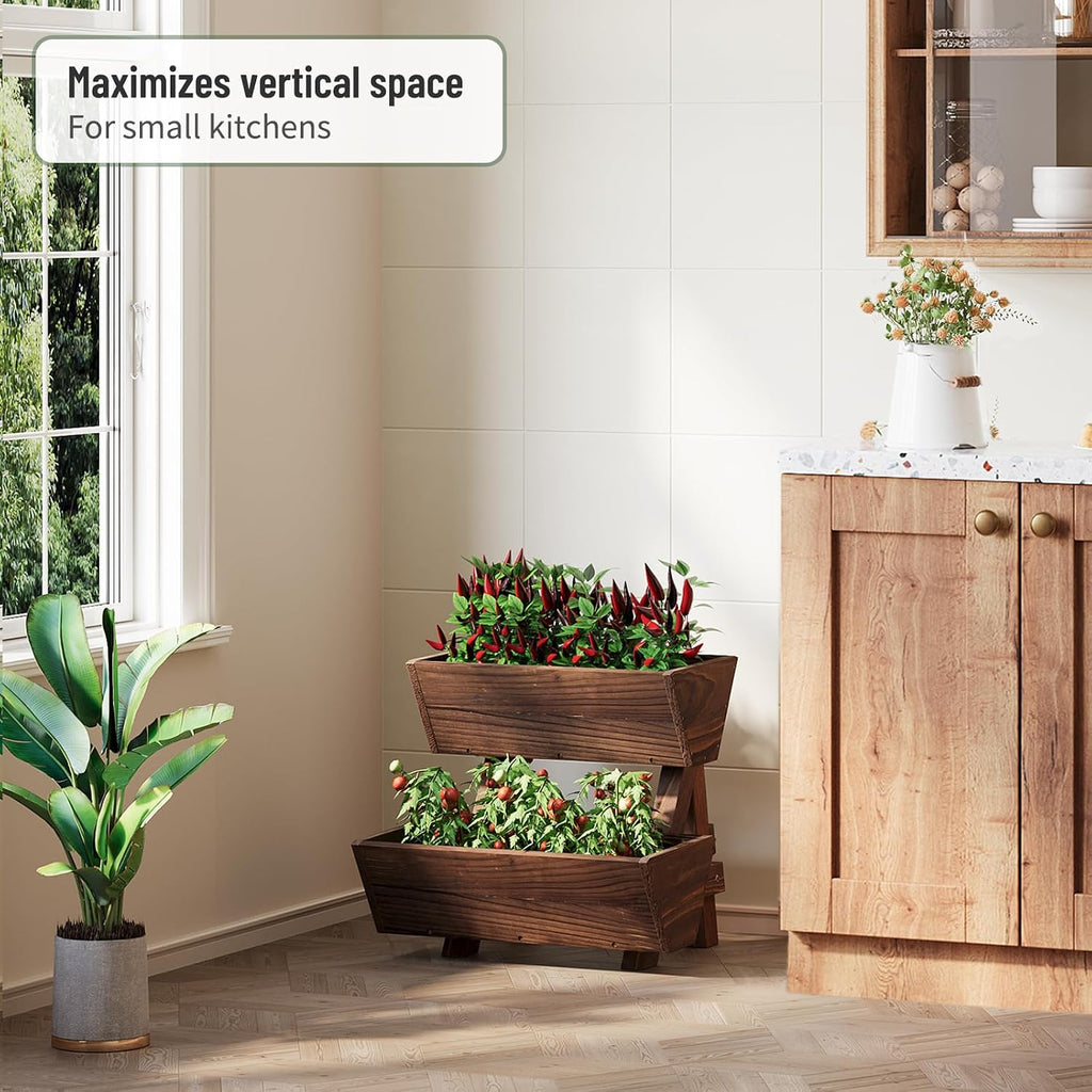 2-Tier Vertical Wooden Raised Garden Bed, Garden Planter Box,Carbonized | Freestanding Wood Flower Rack, Planter Box
