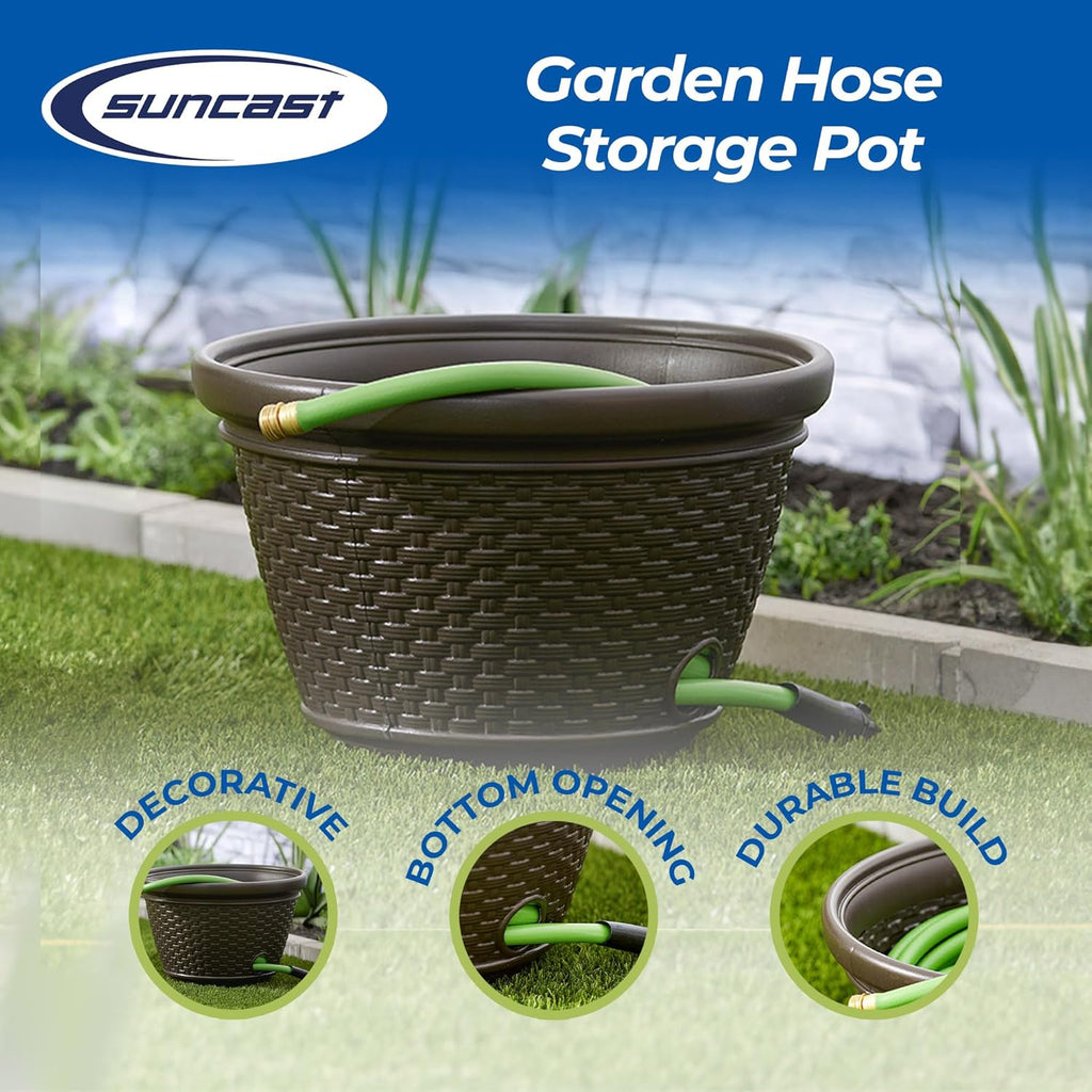 Suncast 3 Pack Decorative Wicker Garden Hose Holder Pot with 4 Drain Holes for 100 Foot Hoses, Java