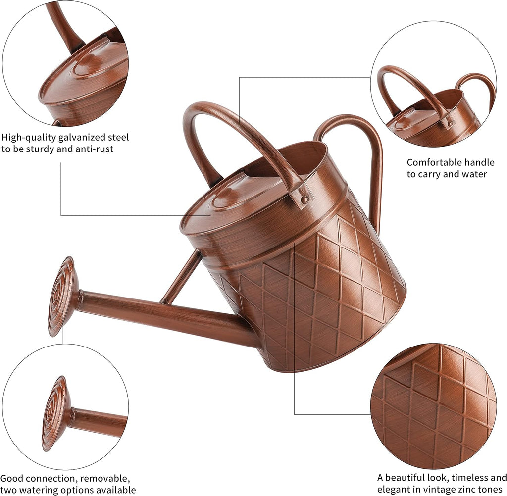 1.75 Gallon Outdoor Metal Watering Can for Garden Plants,Copper Color Watering Can with Removable Spray Spout, Ideal