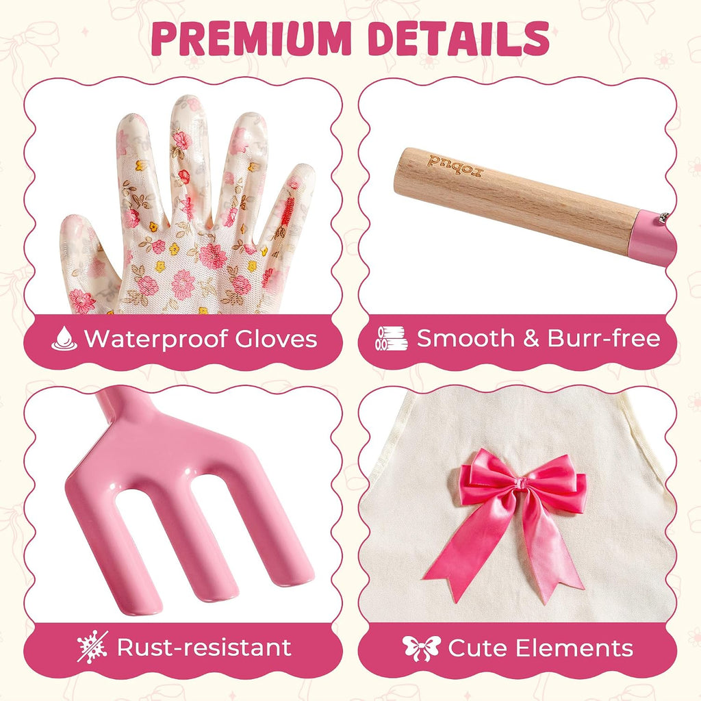 ROBUD Kids Gardening Set, Educational Outdoor STEM Gardening Toy Gift, Pink | 18 PCS Bow Theme, Storage Bag, Watering