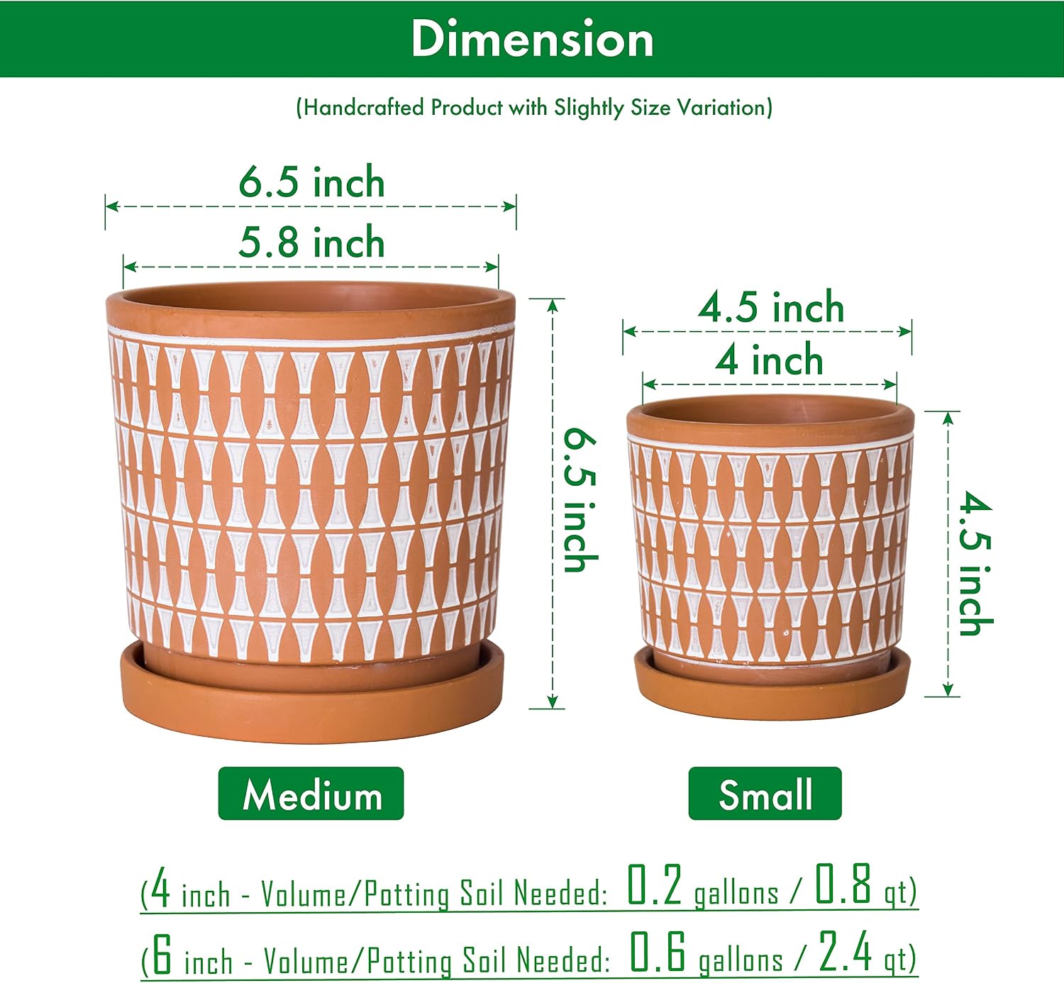 D'vine Dev 2-Pack Terracotta Pots, 4/6 in, Red/White, 31-958-B-1 | Hand-Painted Pattern, Natural Clay Texture, Artisan