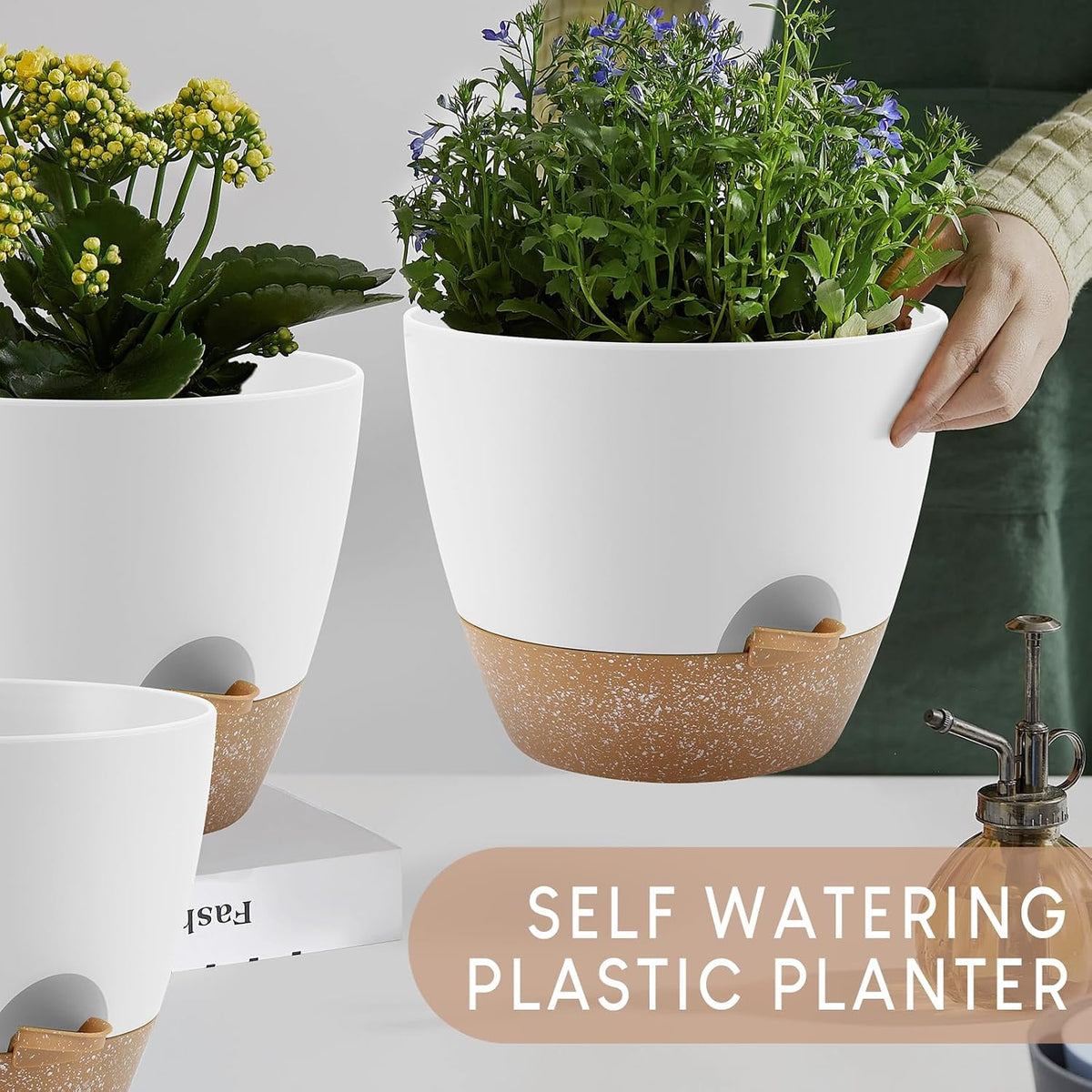 YNNICO Plant Pots 10/9/8/7.5/7 inch, Self Watering Planters with Drainage Holes & Saucers for Indoor and Outdoor Plants
