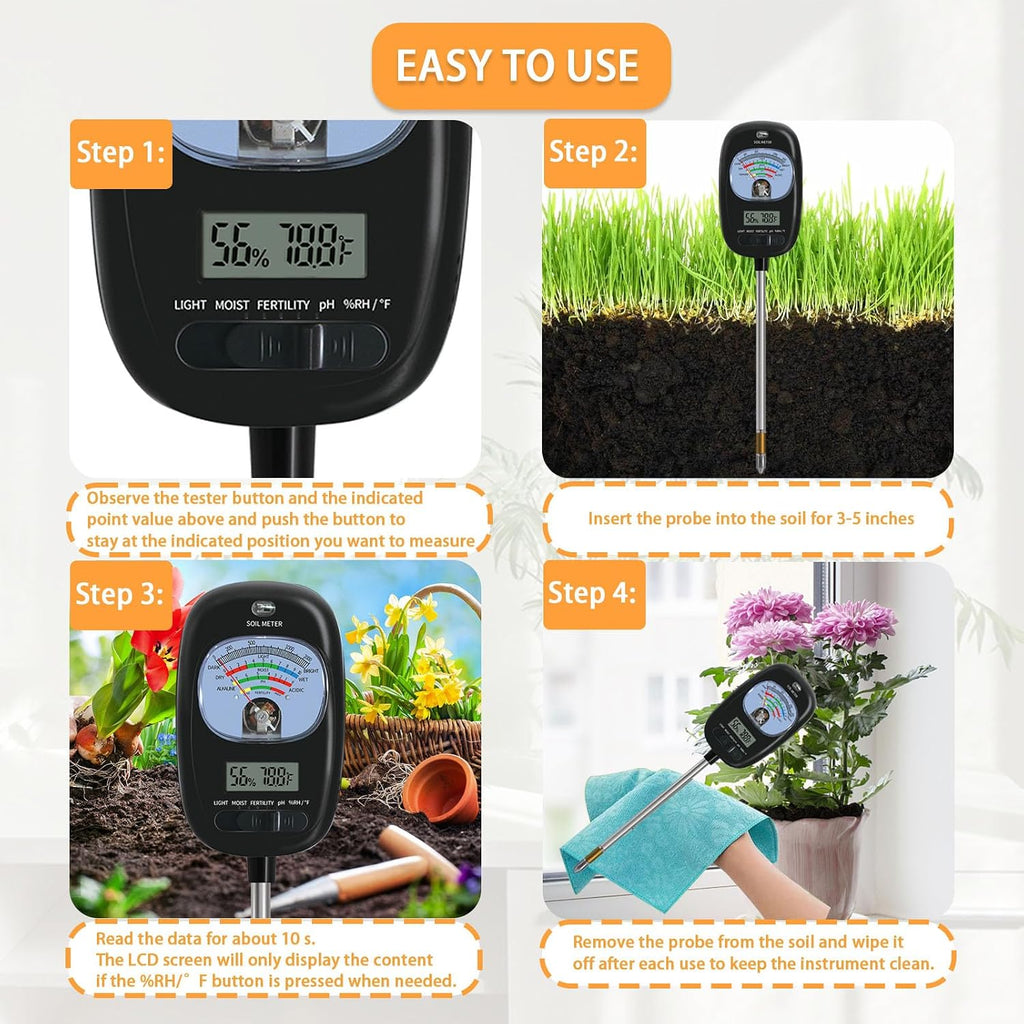 7-in-one Soil Test Kit, Soil Moisture Meter/PH Meter/Sunlight Intensity/Fertility Soil Tester, LCD Display Air & Soil