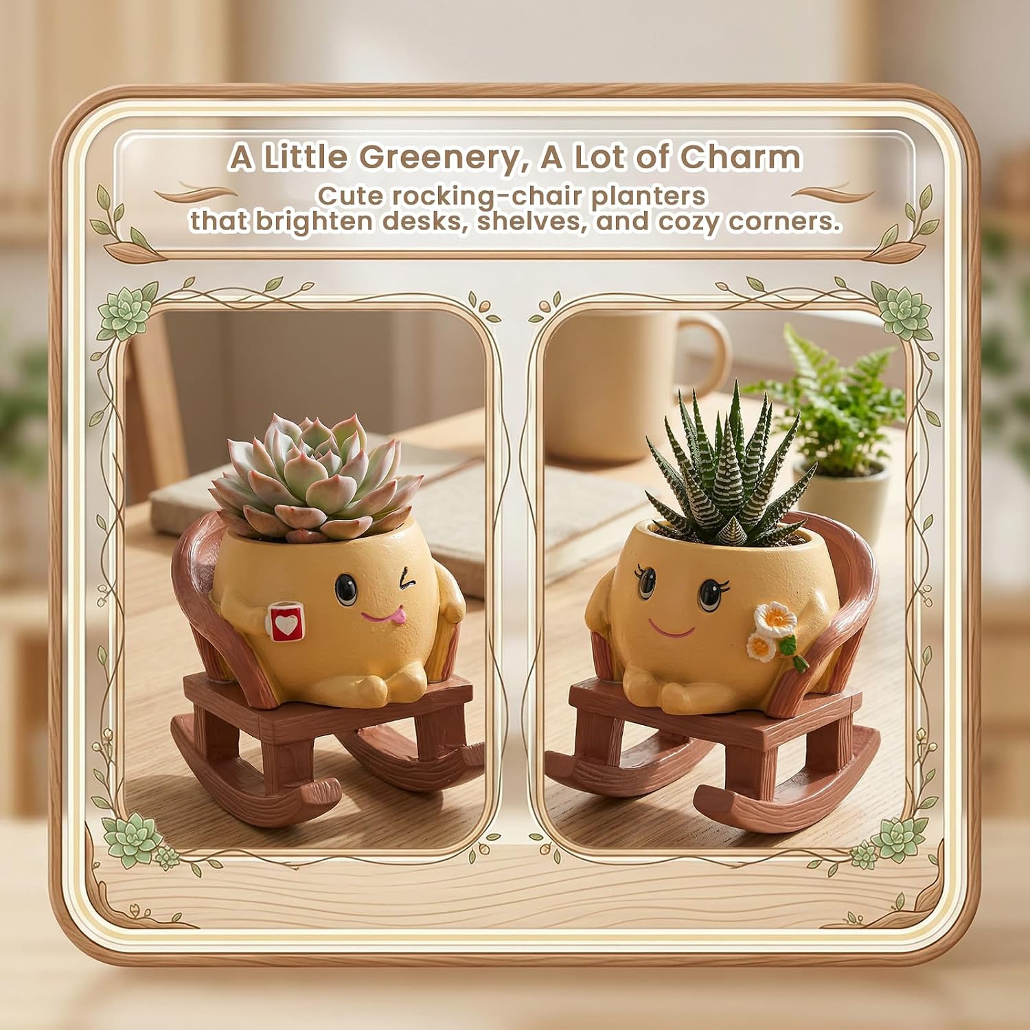 Rocking Chair Planter Set of 2,Small Smiley Face Succulent Pots | Two small flower pots for office desk or shelf with