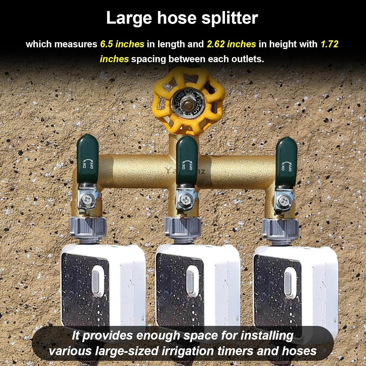 3 Way Garden Hose Splitter, 3/4" GHT Outdoor Water Spigot Splitter | Heavy Duty Solid Brass Body with Shut-off Valves &