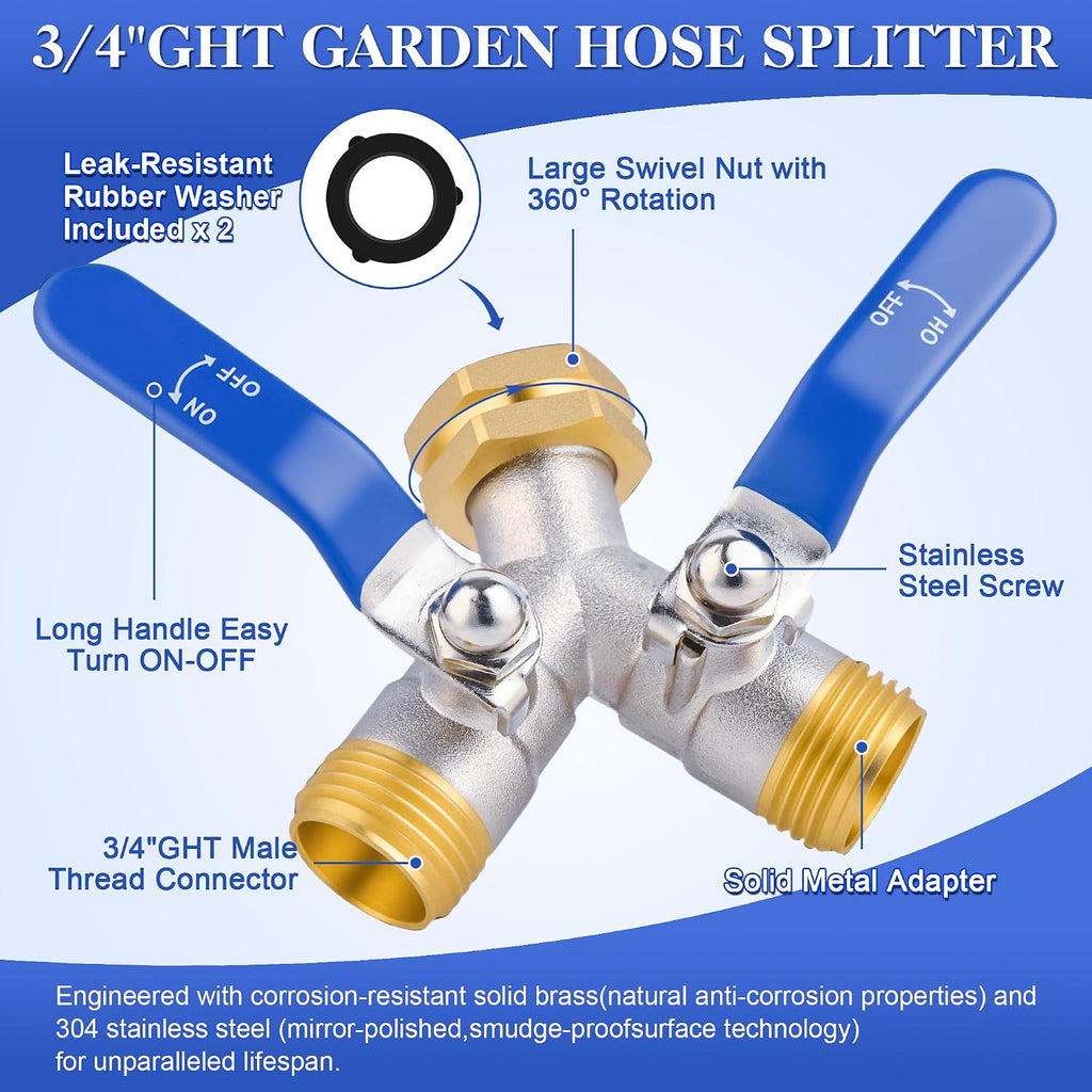 EJW Hose Splitter 2 Way, Garden Hose Splitters, Heavy Duty Faucet Splitter,Rv Brass Water Hose Y Splitter, Double Hose