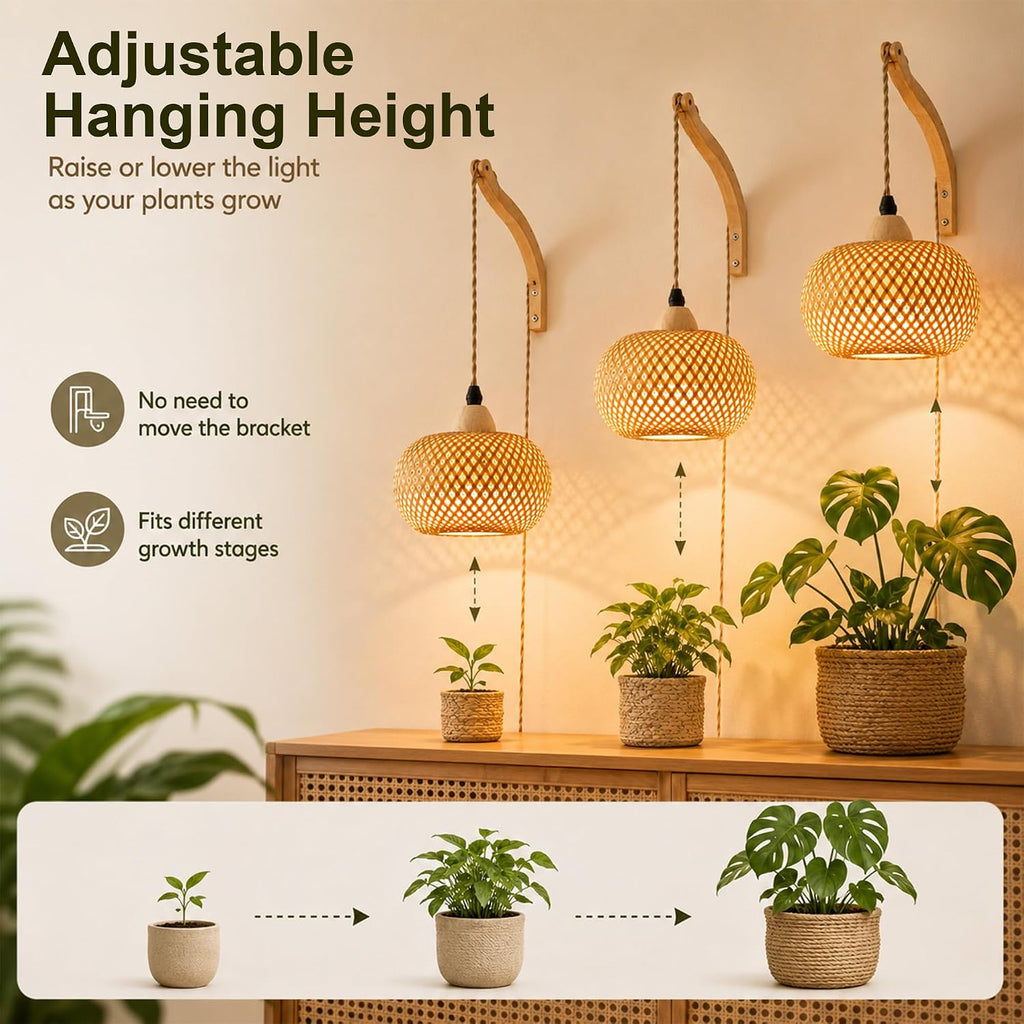 Wall Mounted Grow Lights for Indoor Plants with Timer, Hanging Light | 3500K Full Spectrum Pendant Grow Light, Rattan
