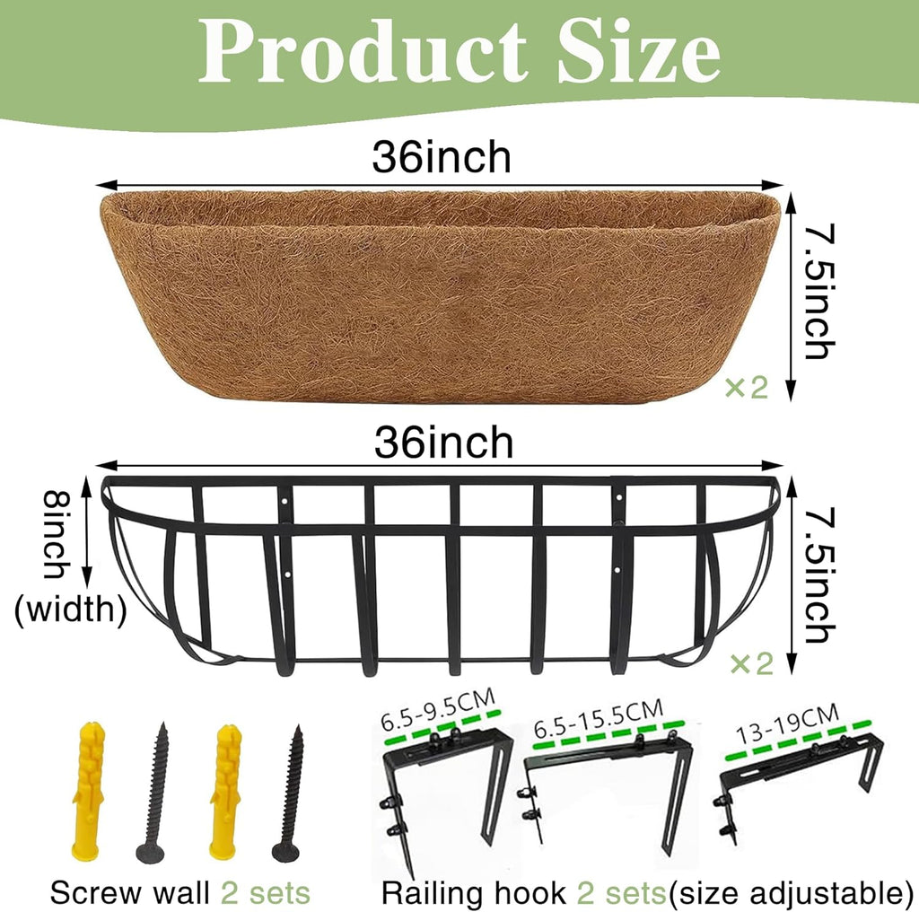 36 Inch Railing Planter Window Box Deck Balcony Rail Planter with Coco Liner Metal Wall-Mounted Coconut Liner Planters