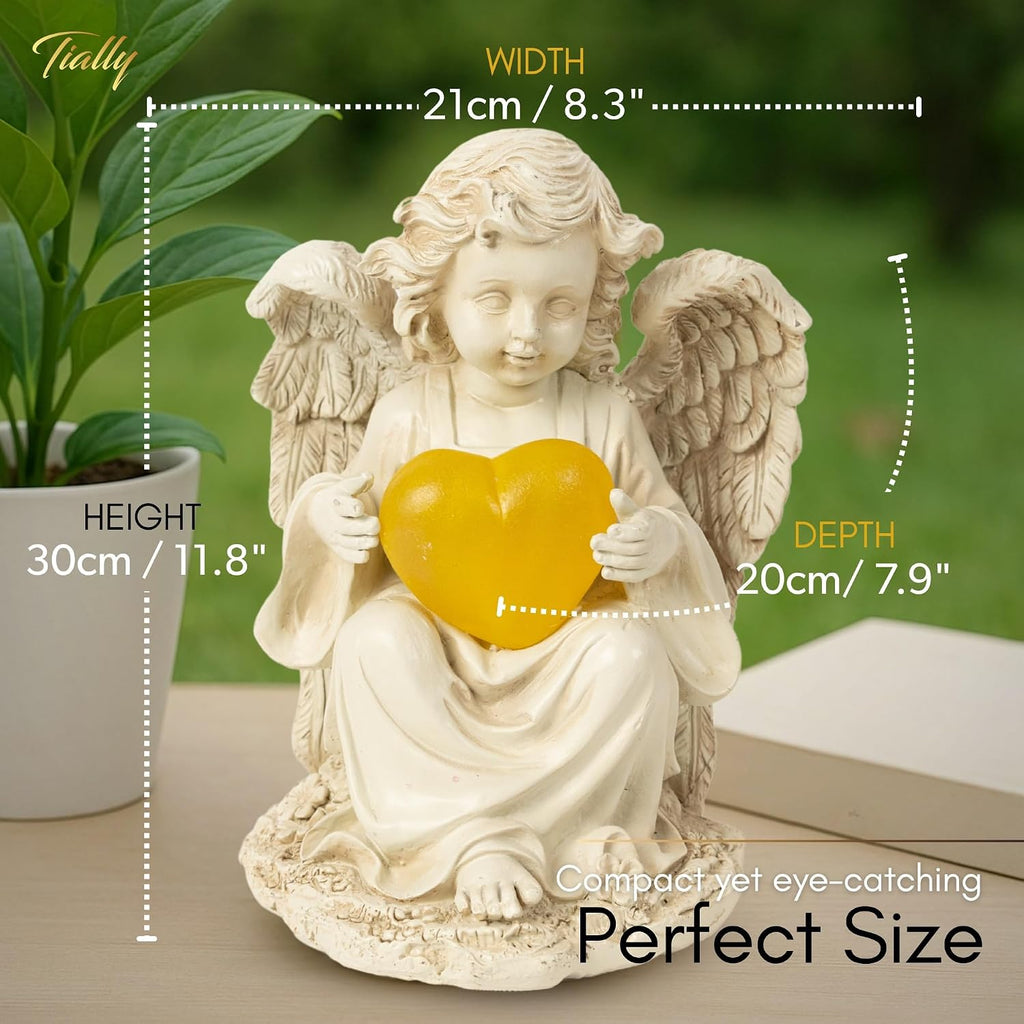 Solar Angel Garden Statue with Heart, 12" Memorial Light Up Angel | Glowing Lighted Heart Bright Every Night
