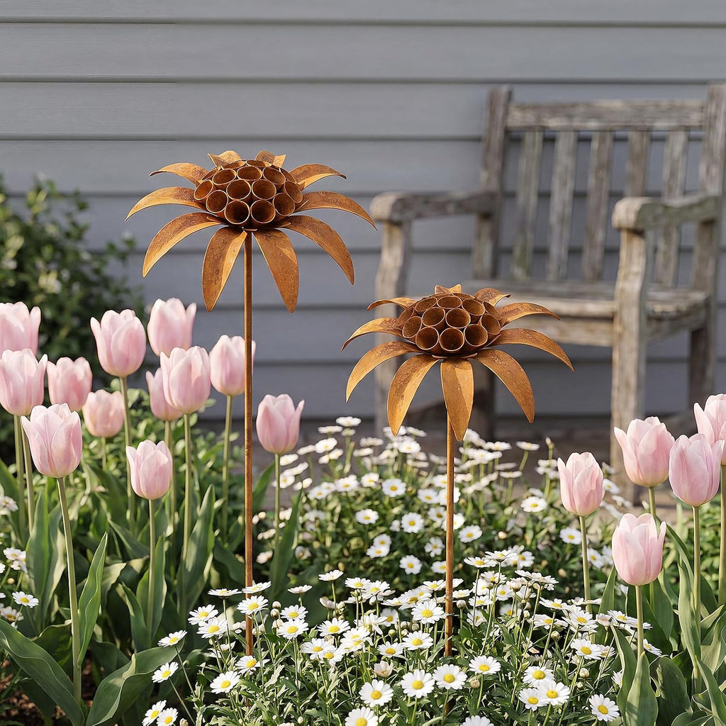 Hicarer 2 Pcs Rusty Metal Flowers for Outside, Rustic Metal Decorative Garden Stakes, Flower Bed Decorations Plant for