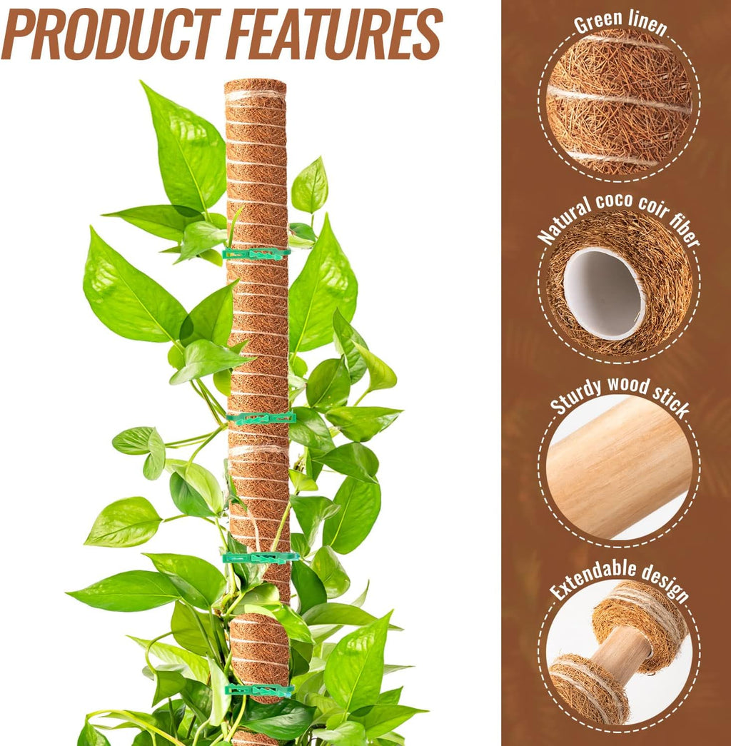 Coir Moss Poles for Climbing Plants, 8 Pcs 12'' Coir Moss Totem Stick | with 16 Pcs Adjustable Plant Ties, For Creepers