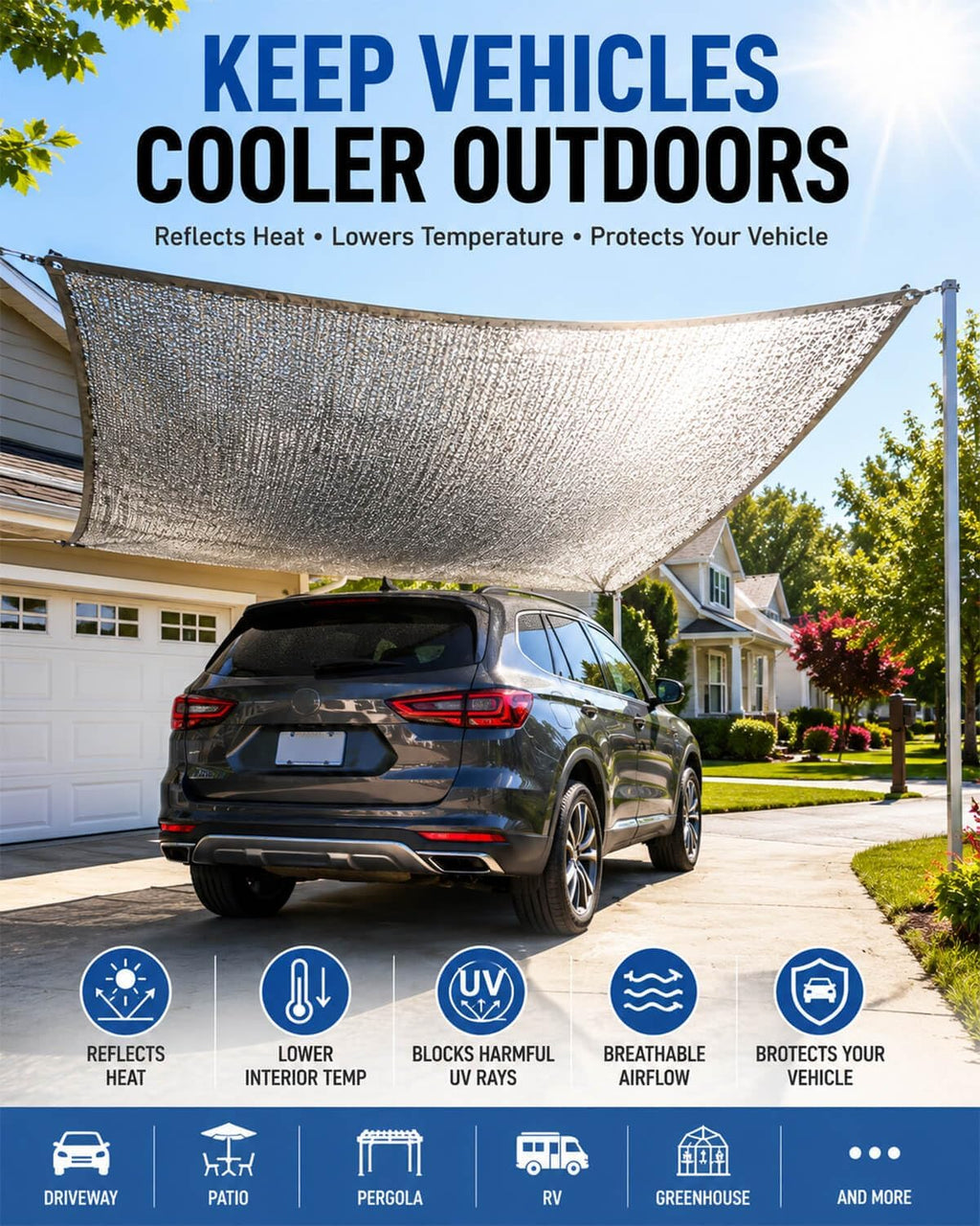 40% Reflective Aluminet Shade Cloth with Grommets, 6 x 12 ft | Balanced sun filtering and cooling airflow for