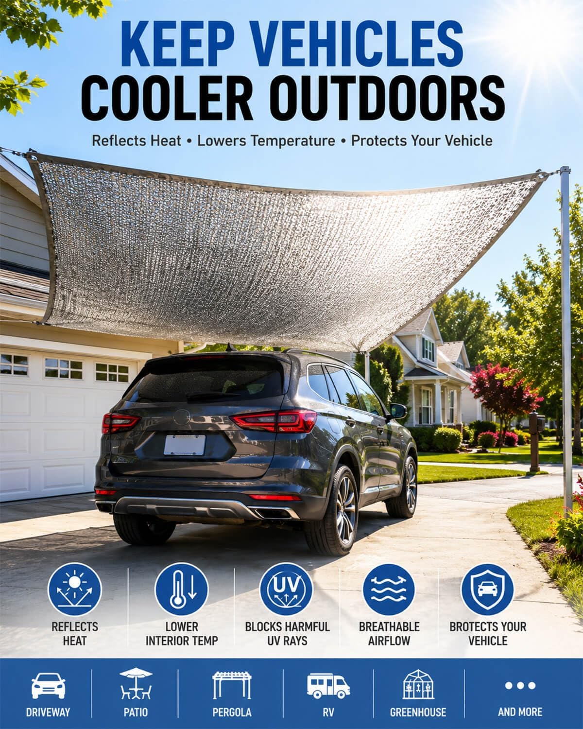 40% Reflective Aluminet Shade Cloth with Grommets, 6 x 12 ft | Balanced sun filtering and cooling airflow for