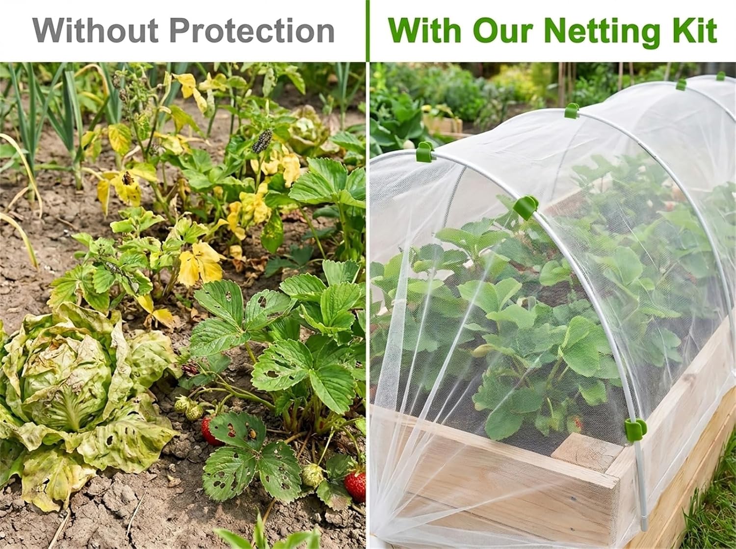 Garden Netting Kit for Raised Beds, 10x30FT Ultra Fine Mesh Netting & 5 Sets Garden Hoops with 18 Clips, Greenhouse Row
