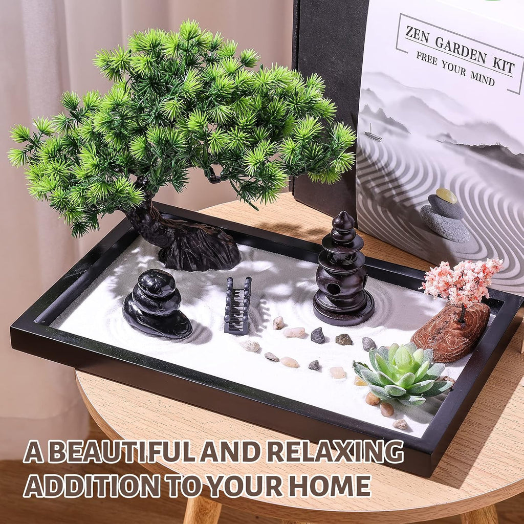 Zen Garden Kit for Desk Decor - Premium Beautiful Japanese Mini Sand Box Set Home, Office with Black Wooden Tray, White