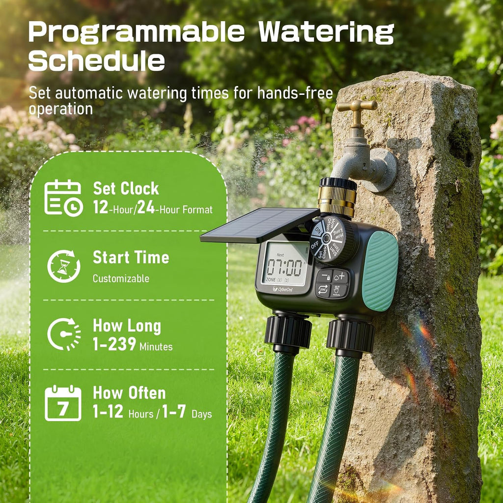 2 Zone Solar Water Timer, Hose Timer with Solar Charging | Sprinkler Timers for Garden Hose with Auto/Manual/Rain Delay