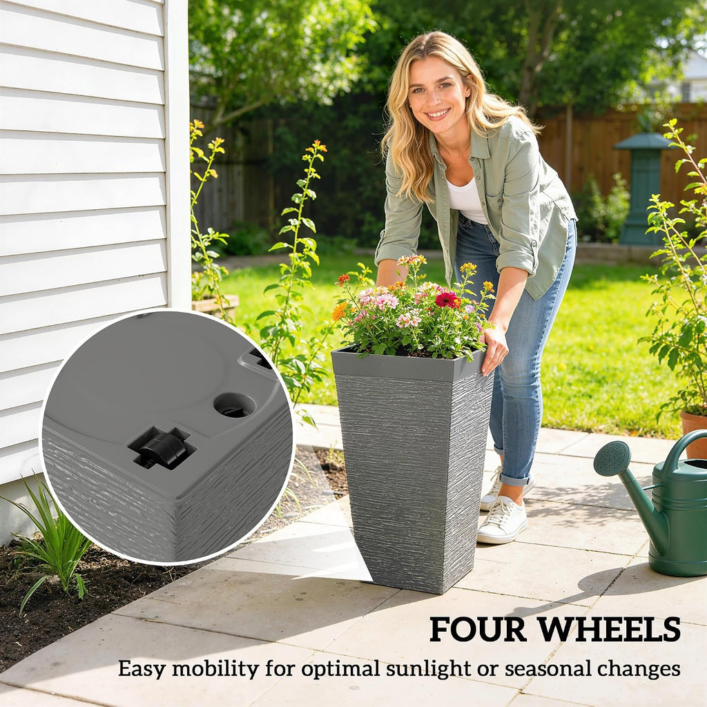 Outsunny 22.8 Inch Tall Planters for Outdoor Plants Set of 3, Gray | Wheels, Plastic Flower Pots, Stone Finish