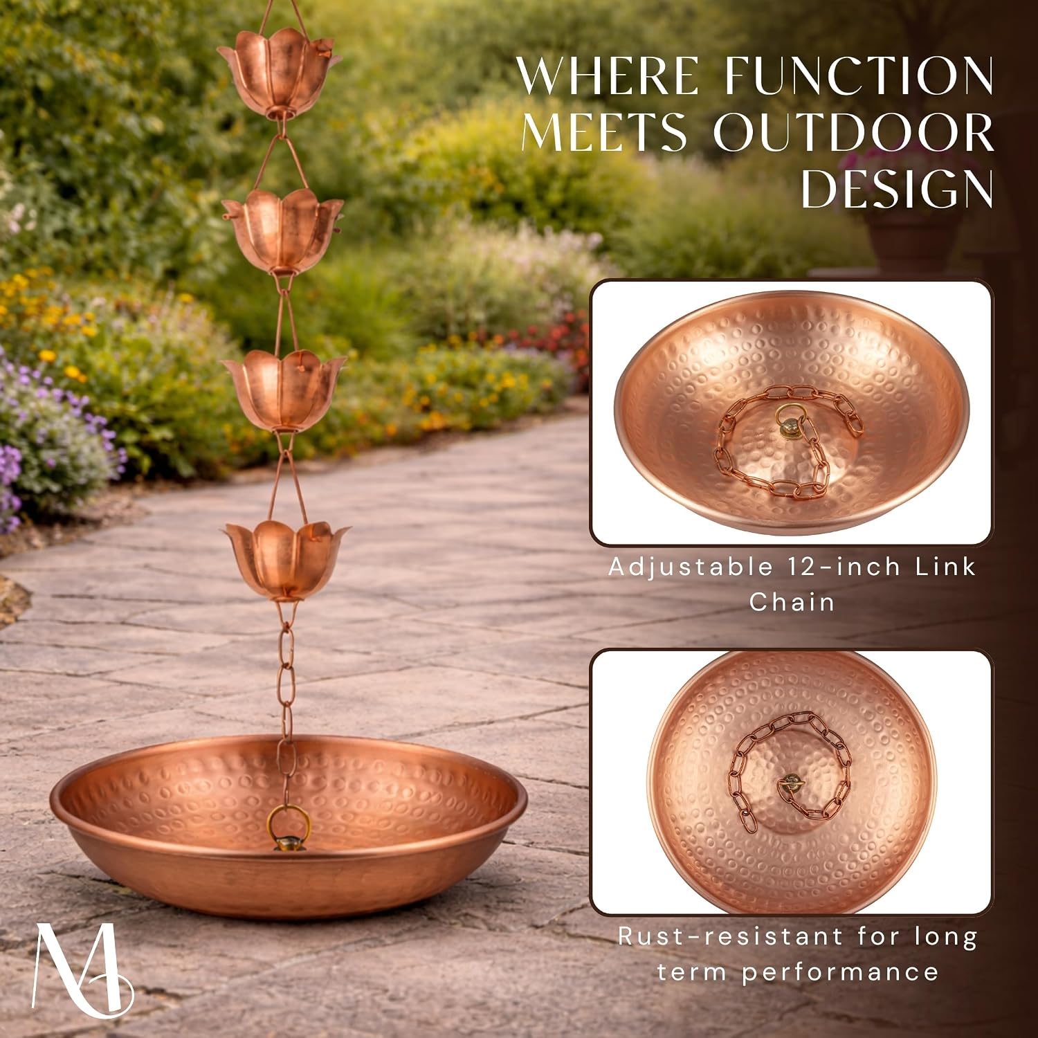 Monarch Rain Chains Rain Chain Basin – 11 Inch Hand Hammered Anchor Bowl for Gutters, Pure Copper Decorative Anchoring