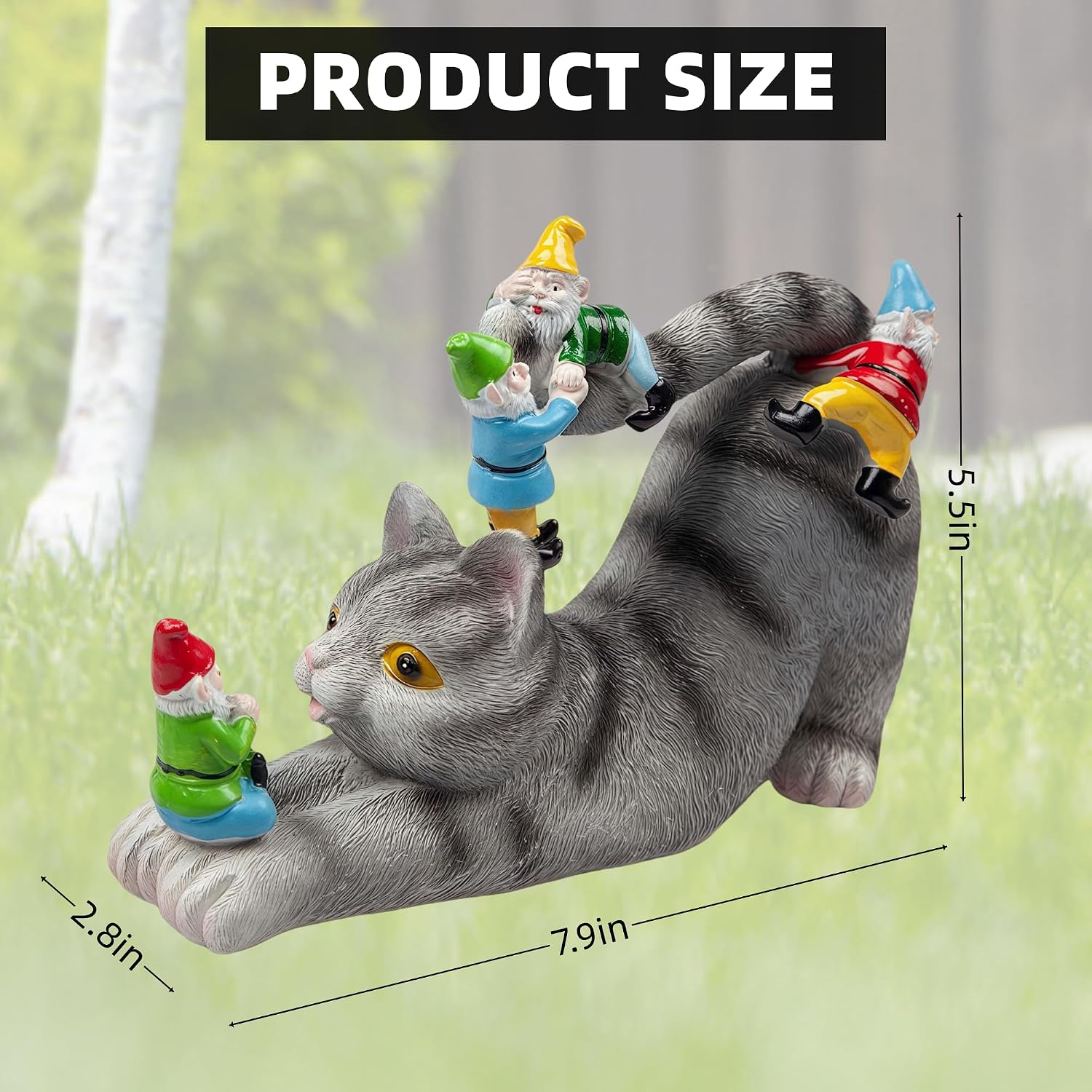 Adorable Cat with Gnomes Garden Statue,Hand-Painted Resin Outdoor Decor | for Patio & Lawn, Unique Gift for Cat Lovers