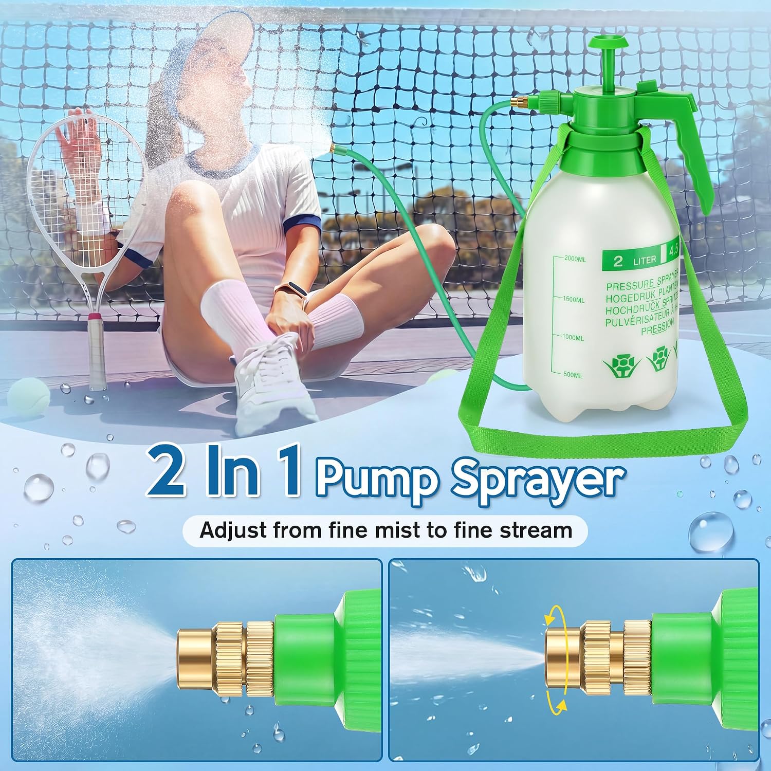 Personal Mister, 2 in 1 Water Spray Bottle with 3.3ft Mist Line, 2L,Green | Portable Cooling Mister With Shoulder