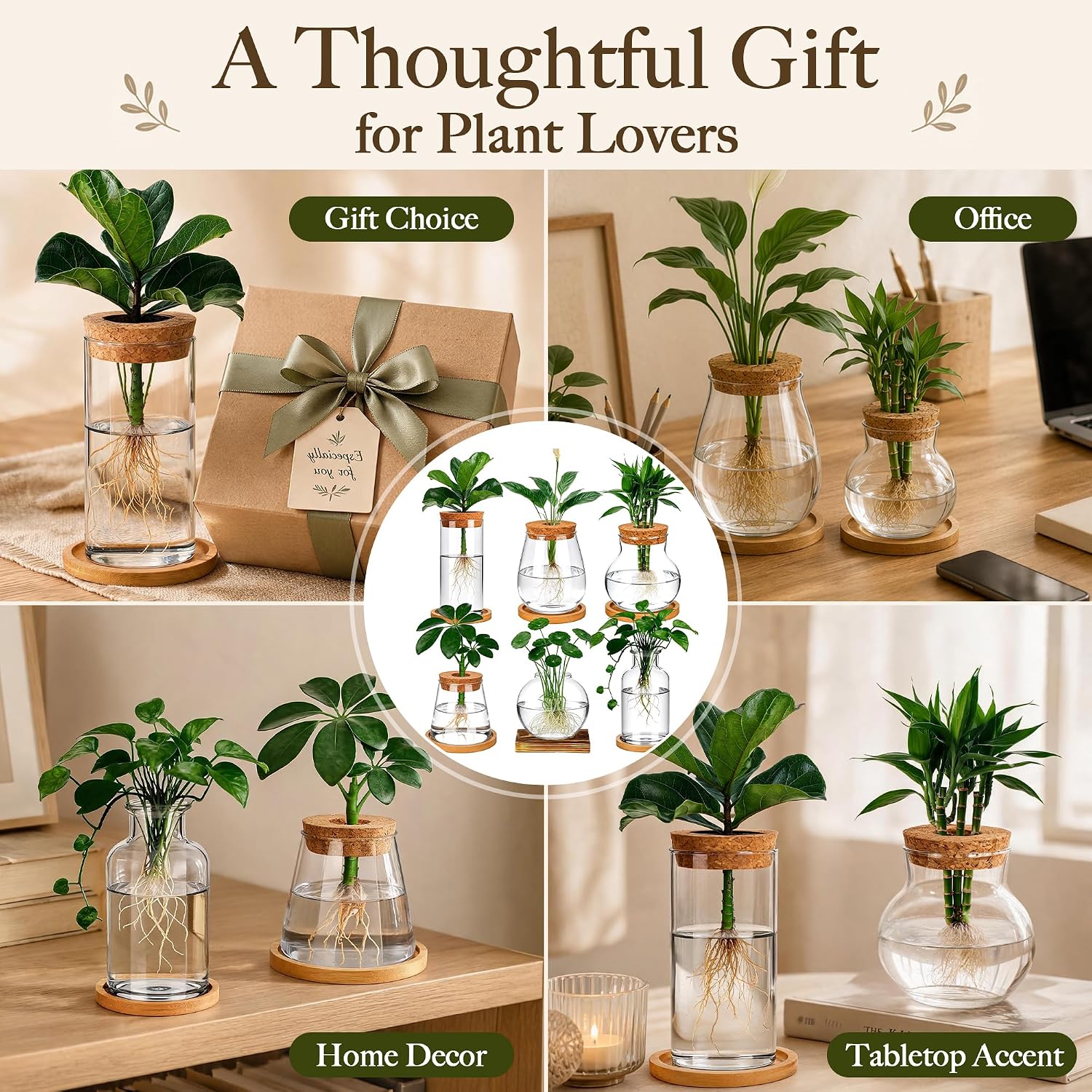 6 Pcs Plant Propagation Station Set, Glass Propagation Vases for Plants with Wooden Lids & Bamboo Stands, Hydroponic