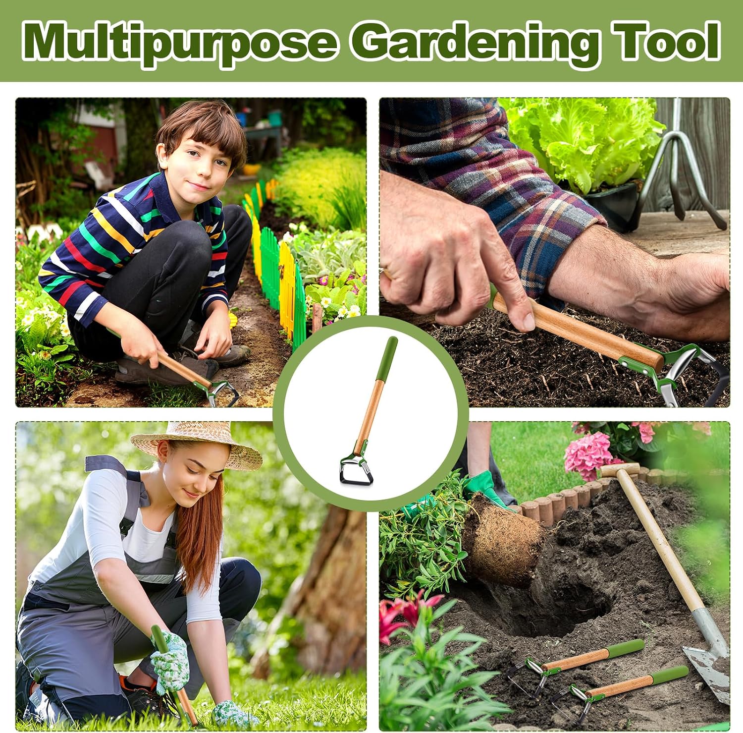1 Pcs Mini Garden Hoes for Weeding Long Stirrup Hoe Tools Scuffle Garden Tool for Lawn Yard Weeding Gardening (Wood