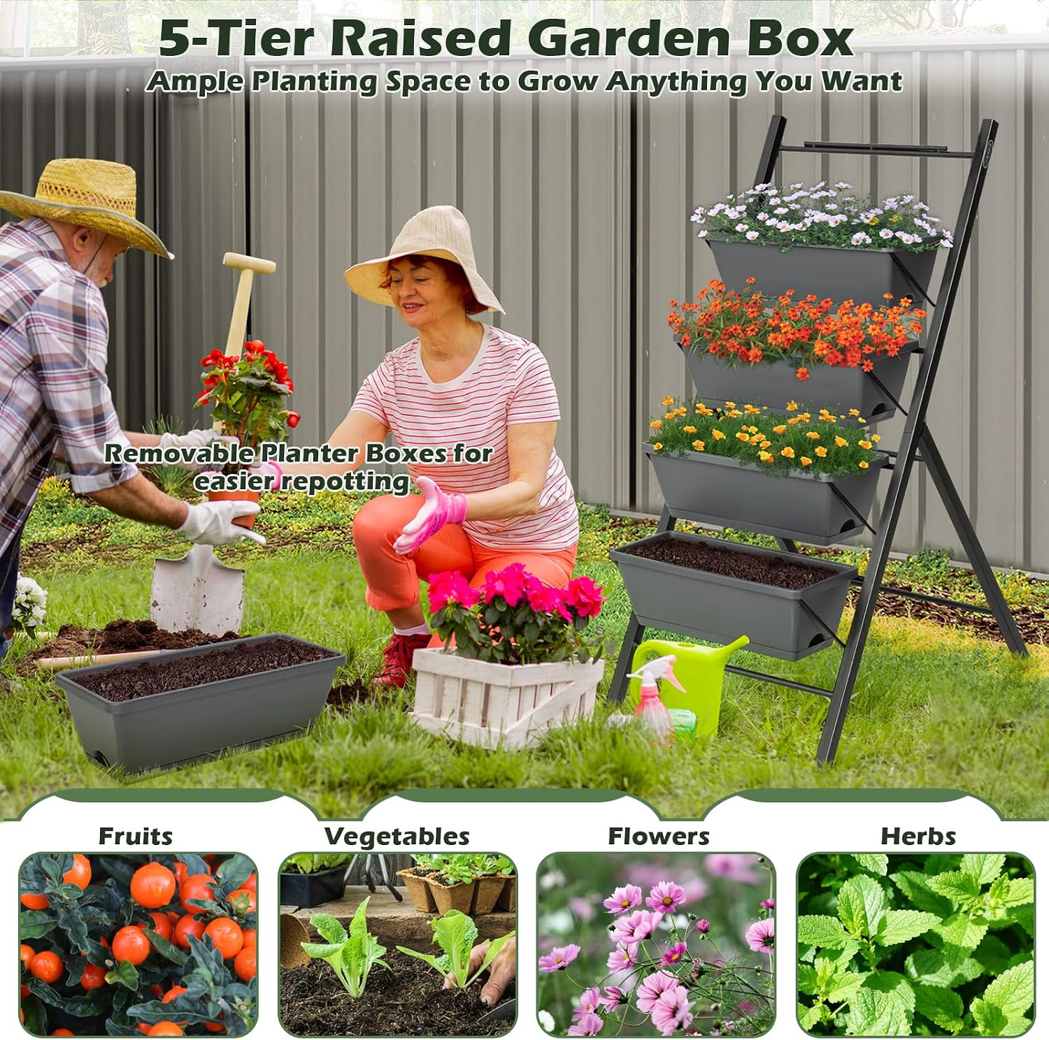 COSTWAY Vertical Raised Garden Bed, 5 Tier Planter Box with Drainage Holes for Vegetables, Grass, Flowers, Freestanding