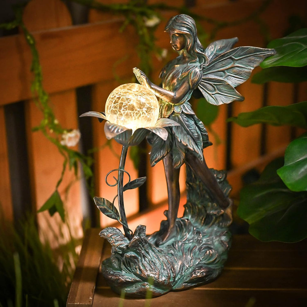 TERESA'S COLLECTIONS Garden Fairy Large Bronze Garden Sculptures & Statues Resin with Solar Outdoor Light, Valentines