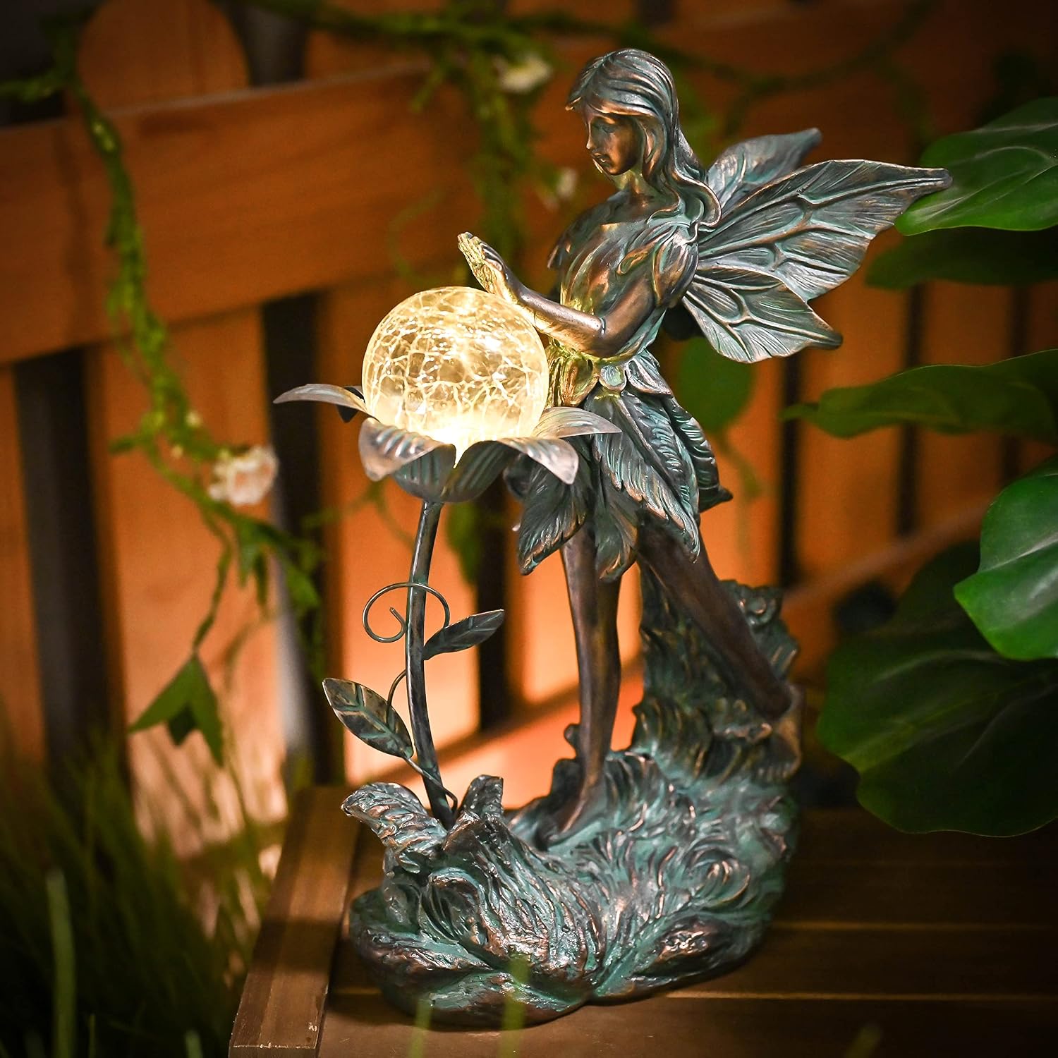 TERESA'S COLLECTIONS Garden Fairy Large Bronze Garden Sculptures & Statues Resin with Solar Outdoor Light, Valentines