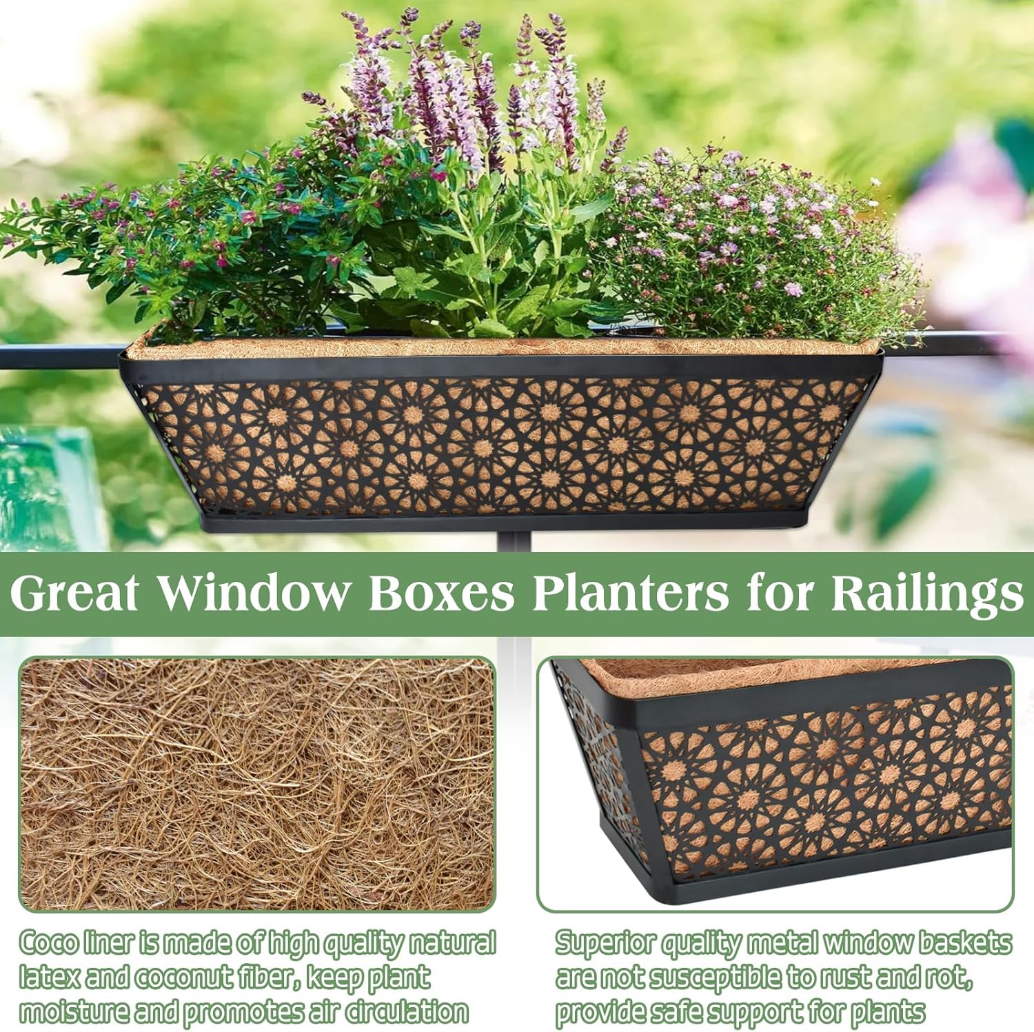 Halatool 30 Inch 4 Pack Large Railing Planter Box with Coco Liner | Rust Resistance, Sturdy Metal Window Balcony