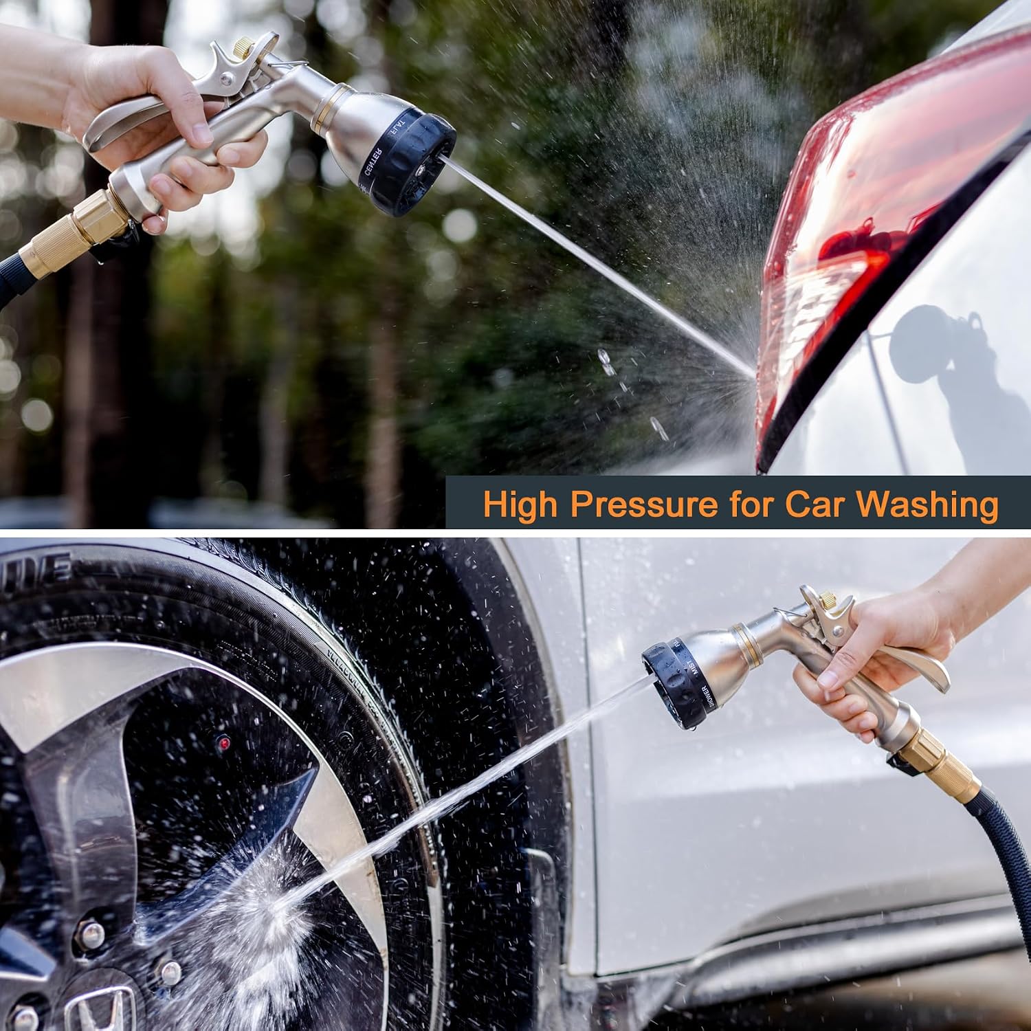 Heavy Duty Metal Garden Hose Nozzle, 7 Patterns, Rear Trigger | High pressure metal sprayer for garden, car wash, pet