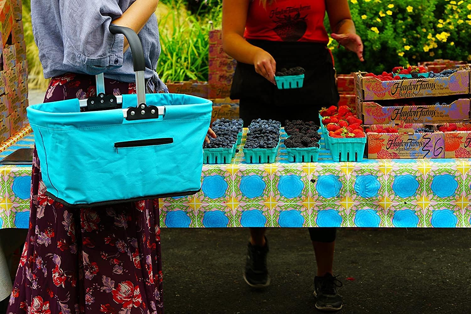 RSVP International Collapsible Market Basket Aluminum Frame, Large Zip Side Pocket, 17x11x18", Turquoise