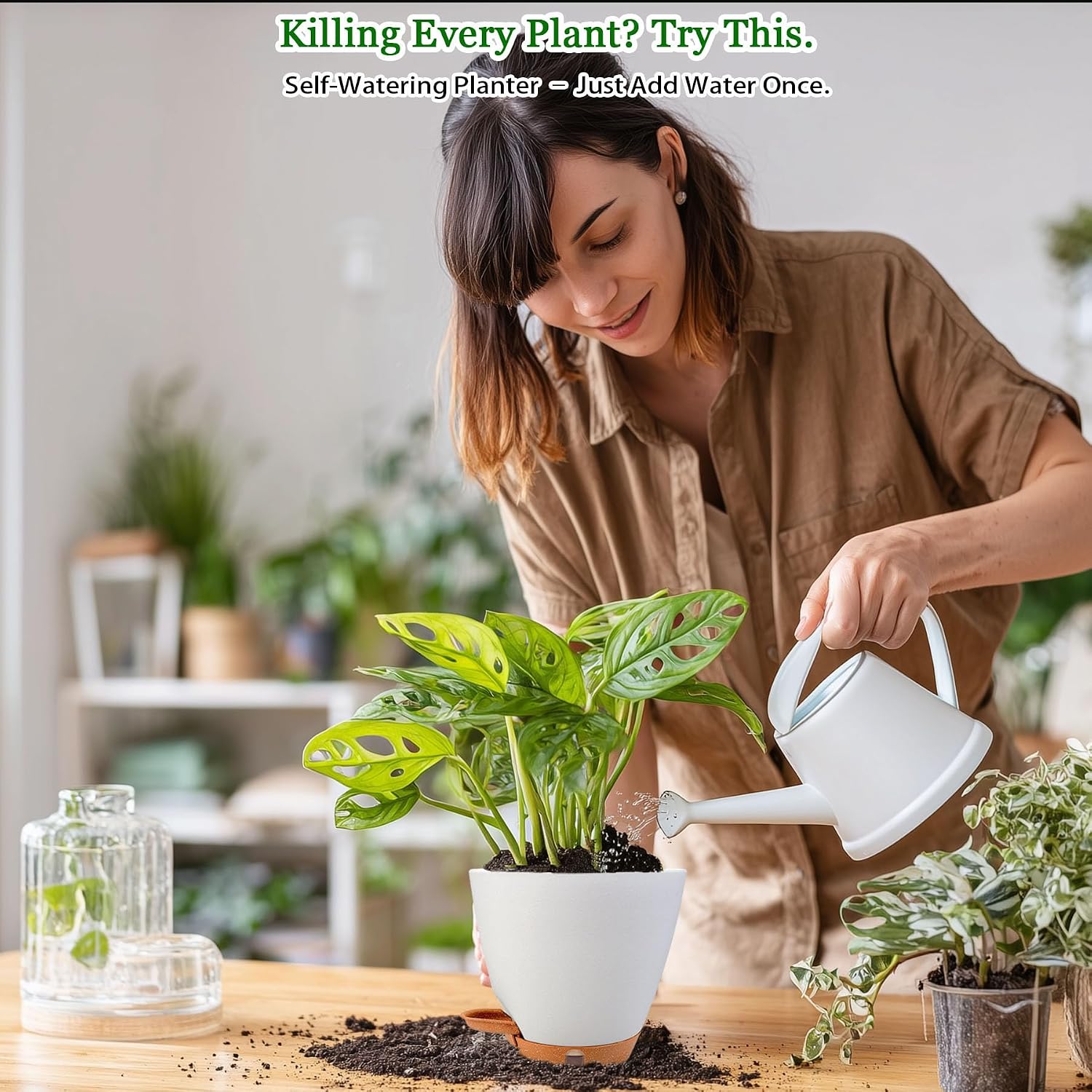 Self Watering Pots for Inoor Ourdoor Plants 8/7/6.5/6/5" Plastic Planters | Drainage Holes & Water Level Indicator