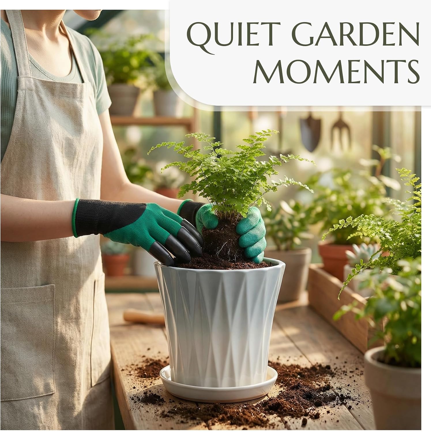 8.3 Inch Ceramic pots for Plants with Saucer Drainage Leak-Proof Mesh, Round Plant Pot with Gardening Gloves for Indoor