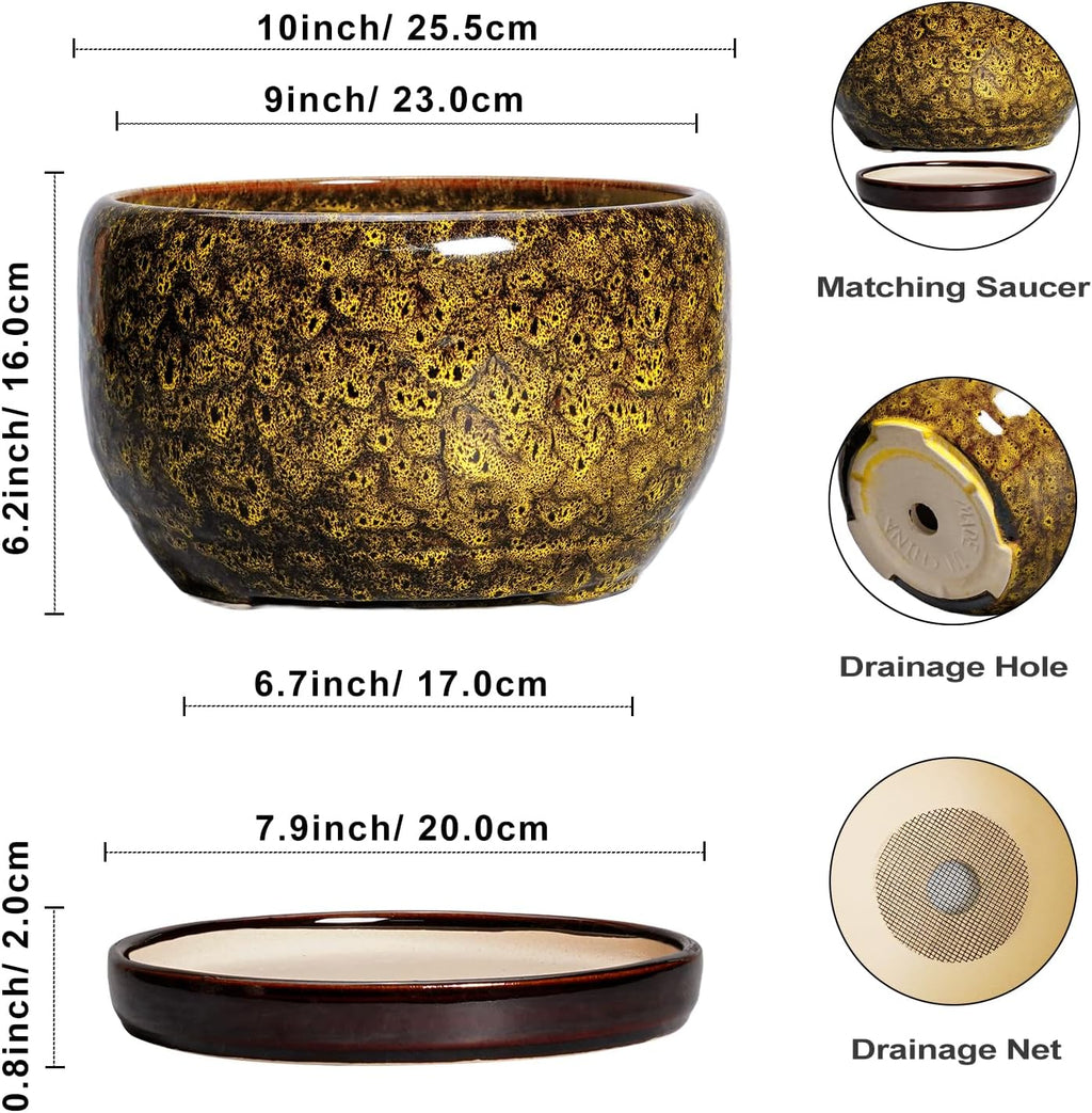SQOWL 10 Inch Plant Pot - Ceramic Flower Pots with Drainage Hole and Saucer, Ceramic Planter for Indoor Plants Outdoor