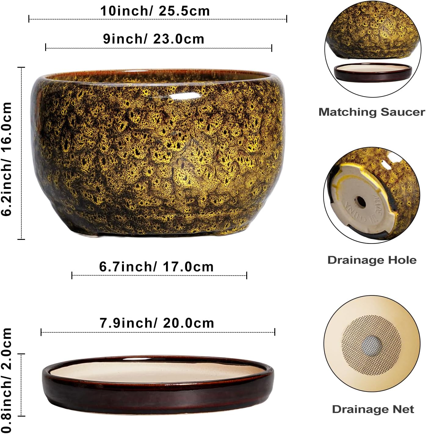 SQOWL 10 Inch Plant Pot - Ceramic Flower Pots with Drainage Hole and Saucer, Ceramic Planter for Indoor Plants Outdoor