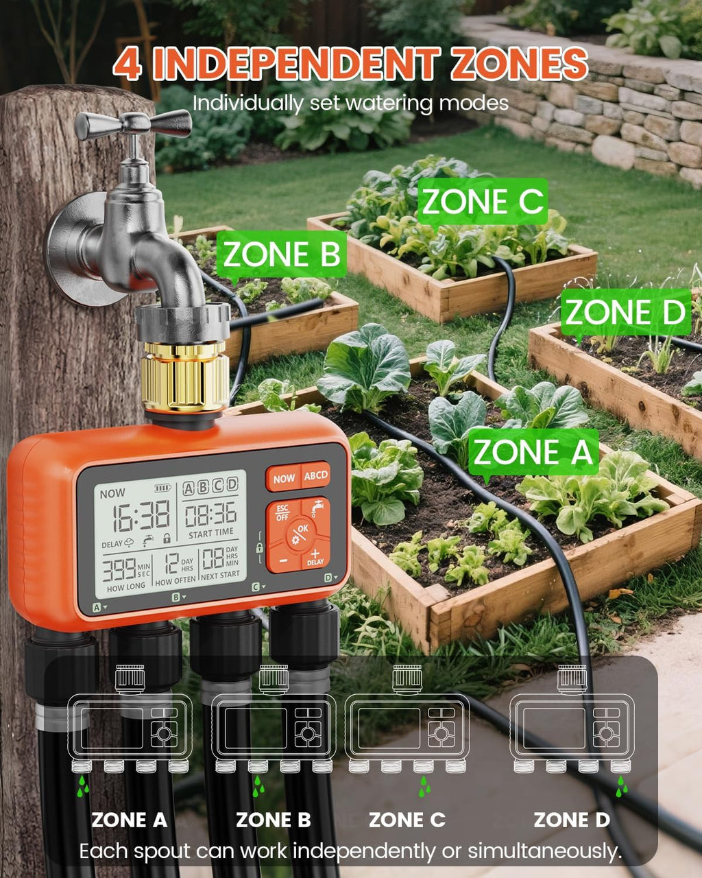 Sprinkler Timer 4 Zone with Brass Inlet Water Timer for Garden | Programmable Faucet Controller with Independent Zone