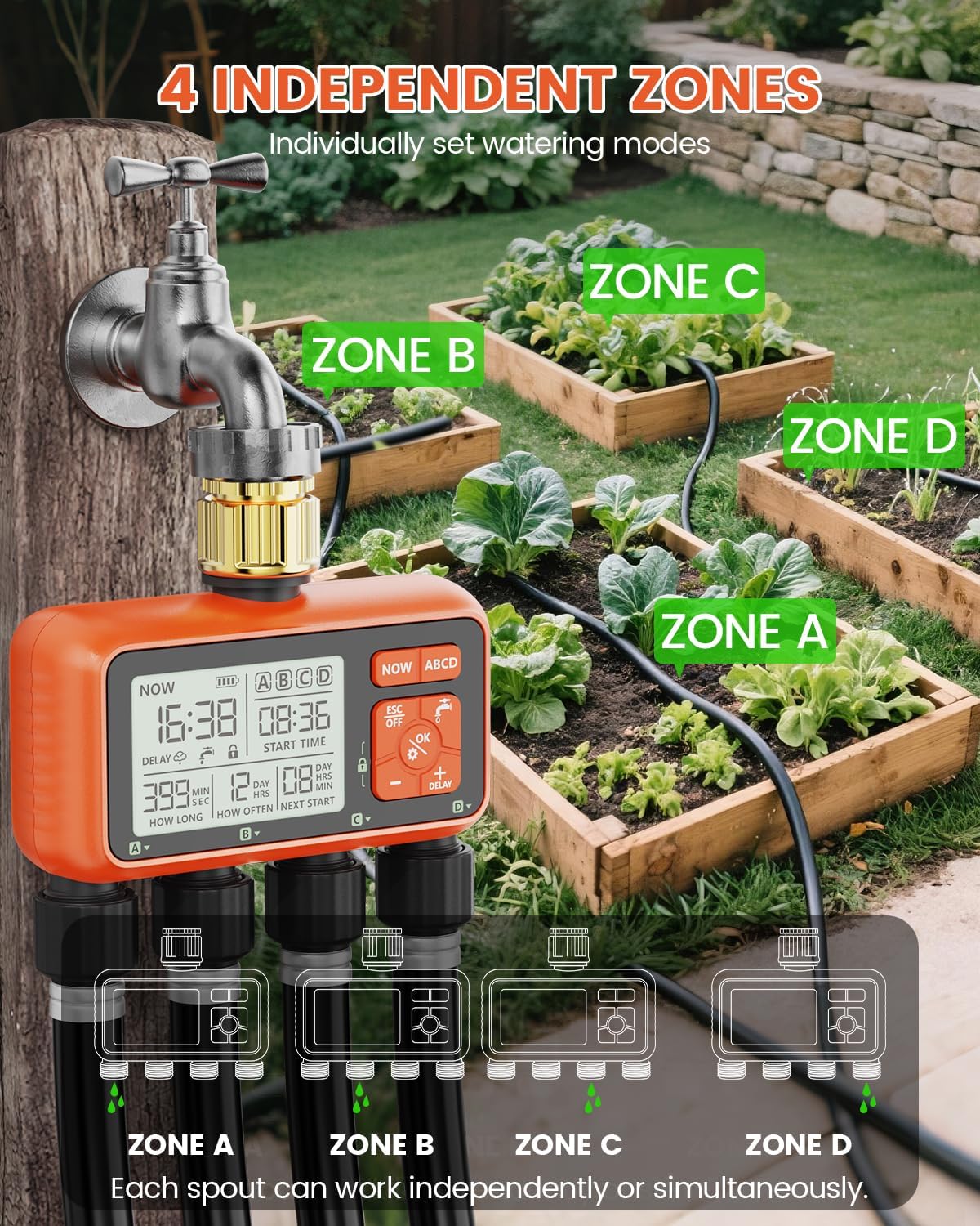 Sprinkler Timer 4 Zone with Brass Inlet Water Timer for Garden | Programmable Faucet Controller with Independent Zone