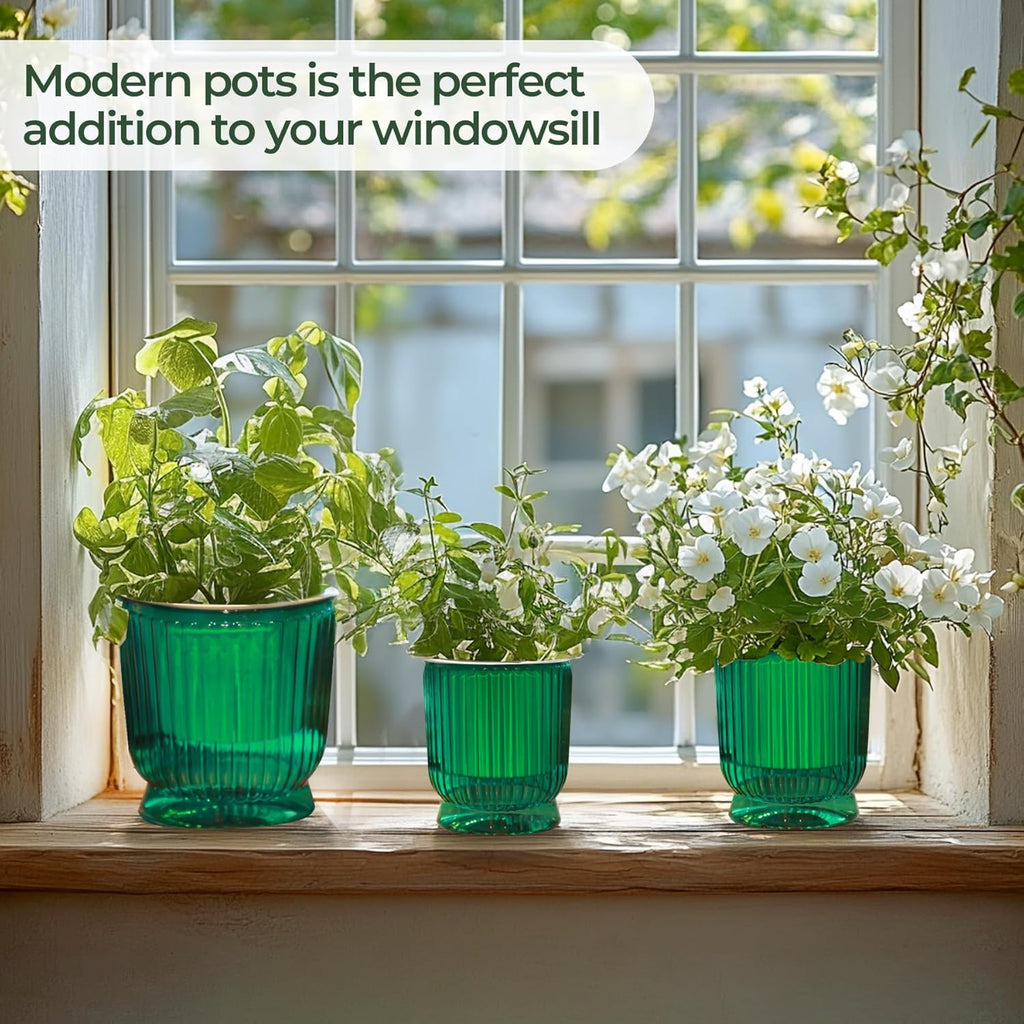 T4U Self Watering Pots for Indoor Plants 6 Inch 4 Pack Planter Green | Clear visible water level, Pothos ferns herbs