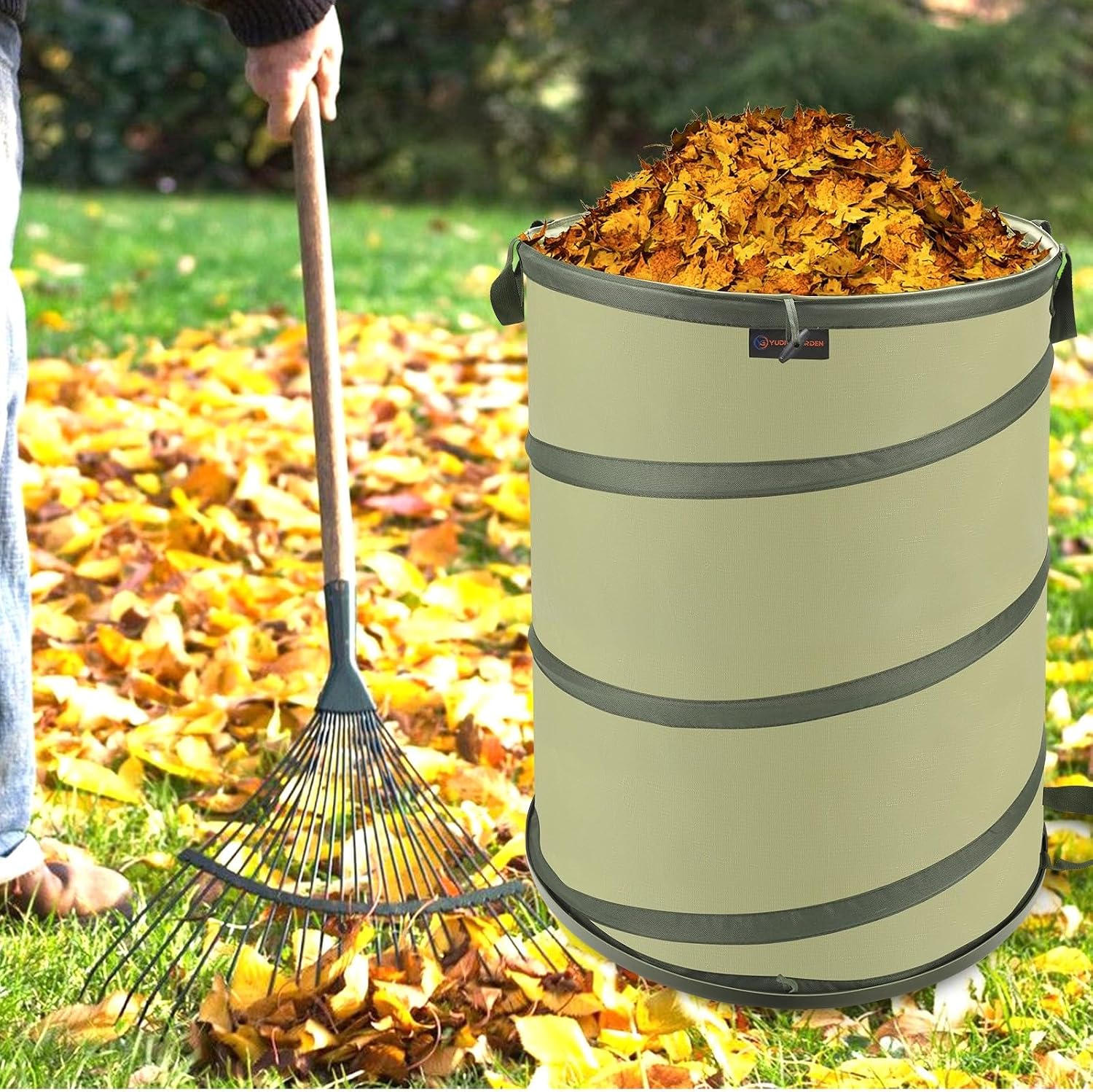 YUDI & GARDEN 45 Gallon Hard Bottom Collapsible Garden Bag | Heavy Duty Collapsible Trash Can for Collecting Weeds