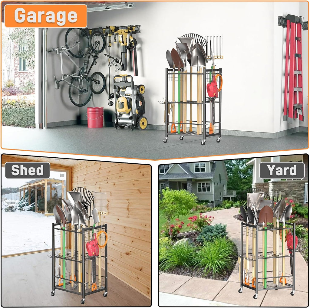 TORACK Garden Tool Stand with Wheels, Rakes Shovels Holder Yard Tools Organizer for Garage, Garden, Shed Indoor/Outdoor